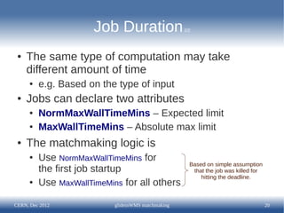 Job Duration                  2/2




 ●   The same type of computation may take
     different amount of time
      ●   e.g. Based on the type of input
 ●   Jobs can declare two attributes
      ●   NormMaxWallTimeMins – Expected limit
      ●   MaxWallTimeMins – Absolute max limit
 ●   The matchmaking logic is
      ●   Use NormMaxWallTimeMins for
                                                       Based on simple assumption
          the first job startup                         that the job was killed for
                                                           hitting the deadline.
      ●   Use MaxWallTimeMins for all others

CERN, Dec 2012              glideinWMS matchmaking                                    20
 