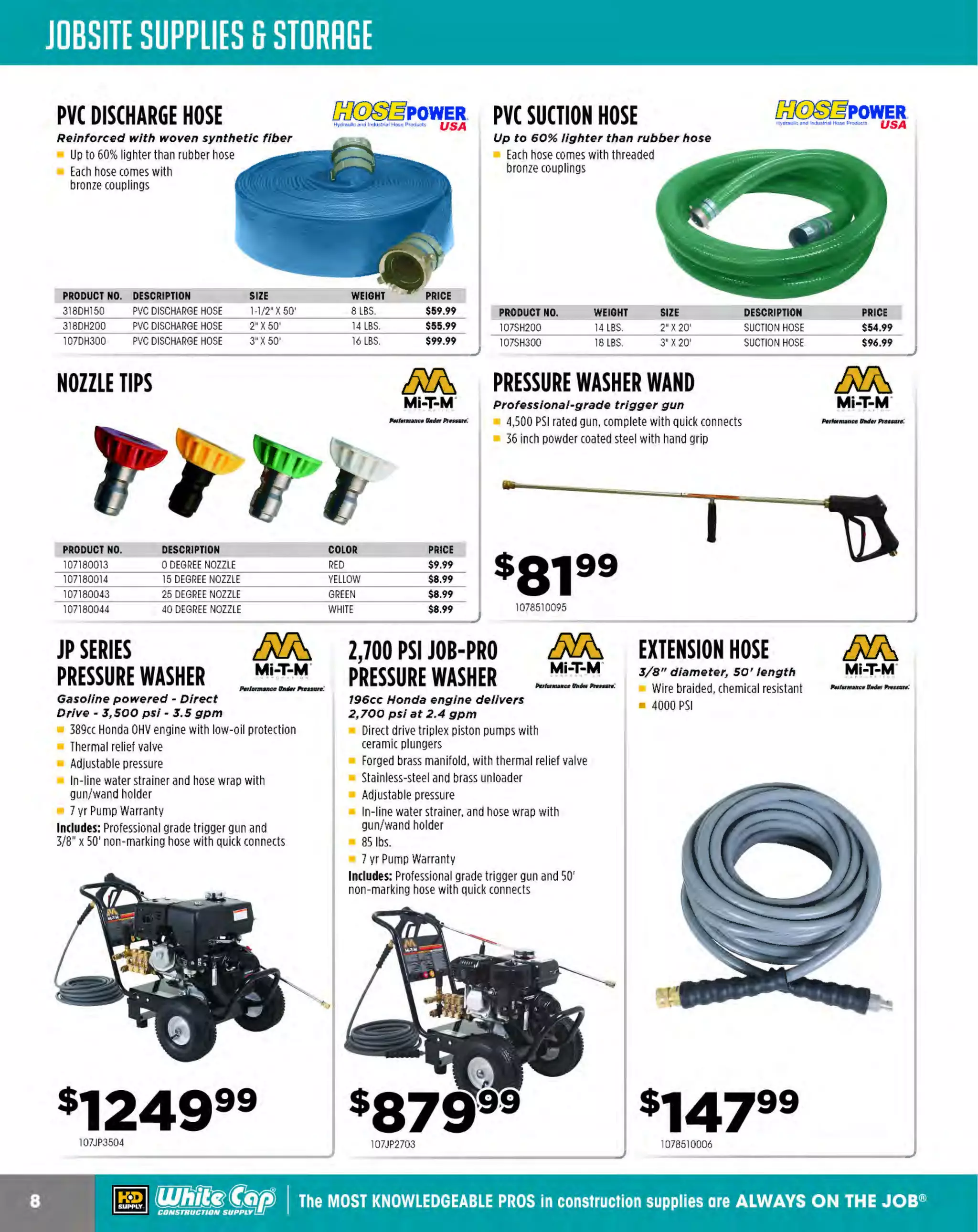 ~

Visit White Cap's WOC Branch @ Booth C4355

...... CONCRETE

FREE BACKPACK • SHOW SPECIALS • PRIZES • GIV EAWAYS*

~ WORLDoF

THESE SPECIAL TRADER DEALS AVAILABLE ALL MON TH AT YOUR LOCAL BRANCH!

~ BOSCH

SOS-PLUS" BULLDOG™
ROTARY HAMMER CARBIDE BITS

SPEED X™
{f@ BOSCH
SOS-MAX"
~
[ID(W[1,[b~ .•
ROTARY HAMMER BITS
For large rotary hammers
~
Four chiseling faces and cutting

v

Optimized brazing and hardening process
for long life in reinforced concrete
Optimized flute design to reduce stress and make the bit run cooler
4-flute design for fast dust removal
Centric tip for optimal hole geometry

PRODUCT NO.
162HC2001
162HC2011
162HC2012
162HC2014
162HC2041
162HC2042
162HC2045
162HC2051
162HC2061
162HC2064
162HC2067
162HC2071
162HC2081
162HC2084
162HC2087
162HC2088
162HC2094
162HC2102
162HC2104
162HC2107
162HC2122
162HC2124

SIZE
5/32" x 6"
3/16" x 6'
3/16" x 8'
3/16" x 12"
1/4' X 6"
1/4' X8"
1/4' X 14'
5/16" x 6'
3/8" x 6'
3/8" x 12"
3/8" x18'
7/16' x 6"
1/2" x 6"
1/2" x 12"
1/2" x 18"
1/2" x 24'
9/ 16" x 12"
5/8" x 8"
5/8" x 12"
5/8" x 18"
3/4" x 8'
3/4" x 12"

DEPTH
4'
4'
6'
10'
4'
6'
12"
4'
4"
10"
16"
4"
4"
10"
16"
22"
10"
6'
10"
16"
6'
10"

PRICE
$6.36
$6.45
$7.02
$17.95
$6.45
$7.69
$22.70
$7.40
$7.31
$10.82
$19.85
$10.49
$8.35
$14.72
$22.51
$35.05
$18.71
$16.52
$23.55
$29.06
$25.07
$26.02

w

10%
OFF!

~

~

BULK 25 PACKS

SIZE
1/4" x 6'
3 16" x 6"
/

DEPTH
4'
4"

PRICE
$70.01
$110.00

~

GENUINE BOSCH HRMMER STEEL
SOS-MAX STEEL

All BOSCH
BULLDOG
CARBIDE!

BOSO 11410%0FF

PRODUCT NO.
162HC2041825
162HC2011B25

~

i SOS-PLUS' CHISELS

t;:j !
!
l

For general chipping work
Use with Bosch hammers with hammer only
mode capability or chipping adapter

PRODUCT NO.
162HS1420
162HS1425

TYPE
SOS PLUS
SOS PLUS

edges, doubles chiseling action
for more efficient breaking
Manufactured to meet ANSI
standards
Also meets and exceeds ISO
standards

S
IZE
3 4" X10"
/
1-1/2" X10'

W

PRICE
$16.05
$22.98

PRODUCT NO.
1
62HC5005
1
62HC5010
162HC5011
162HC5013
1
62HC5015
1
62HC5020
162HC5021
162HC5023
62HC5026
1
162HC5030
162HC5031
1
62HC5033
62HC5040
1
1
62HC5041
162HC5050
162HC5051
162HC5053
162HC5060
162HC5061
162HC5070
162HC5071
162HC5073
162HC5081
162HC5091
162HC5098
162HC5099

SIZE
3/8" x 13'
1/2' x 13'
1/2' x 21'
1/2' x 29"
9/ 1 x13'
6"
5/8" x13"
5/8' x 21
"
5/8" x 36'
11/ 16" x 21
"
3/4' x 13'
3/4' x 21"
3/4' x 36"
7 8" x 13"
/
7 8" x 21·
/
l " X3"
1 x 21
'
'
1 x 36'
"
1-1/ 8' x 13'
1-1/ 8" x 21"
1-1/4" x 13"
1-1/4" x 21
"
1-1/4" x 36'
1-3/ 8' x 21'
1-1/2' x 21'
1-3/ 4" x 21"
2' x 21'

DEPTH
8'
8'
16"
24'
8'
8"
16"
31
"
16"
8'
16"
31
"
8'
16'
8'
1
6'
31
"
8'
1
6"
8'
1
6'
31'
1
6'
1
6'
1
6"
1
6'

PRICE
$39.99
$39.99
$54.05
$67.06
$41.03
$45.02
$56.04
$104.49
$72.19
$48.06
$58.04
$100.03
$54.05
$60.03
$60.03
$65.0 7
$142.49
$63.64
$75.99
$72.1
9
$78.56
$132.99
$90.24
$105.06
$132.04
$161.49

:····················································"'''''"''''''''''''''''''''''''·----------------PRODUCT NO.

SIZE

162HS1903

1' x 16'

162HS1909
162HS1910
162HS1911
162HS191
2
162HS1913
162HS1914
162HS1915
162HS1916
162HS1917
162HS1918
162HS1924
162HS1934

1-3/4' SO. X
9-1/4"
3' x 12'
1' x 12"
1" x 18'
12"
18'
2" x 12"
1-1/2' x 12'
2" x 12"
6" x 25'

TYPE
RTECH FLAT
CHISEL

PRICE

PIECE BUSHING

$53.00

SCALING CHISEL
FLATCHISEL
FLAT CHISEL
BULL POINT
BULL POINT
TILE CHISEL
SCALING CHISEL
SCALING CHISEL
FLOOR SCRAPER
GROUND ROD
5/8" & 3/4"
DRIVER
R-TEC STAR POINT
1" x 16'
SELF S
HARP

$17.00

$28.02
$16.14
$20.04
$16-14
$20.04
$18.99
$22.98
$25.07
$229.99
$55.00
$33 62
-

~ (U/h~~

CLAY SPADES

BULL POINTS

~ BOSCH

808
PRODUCT NO.
162HS1913
162HS1914

SIZE
12'
18"

TYPE
BULL POINT
BULL POINT

PRICE
$16.14
$20.04

SOS PLUS CHIPPING HAMMERS&SOS PLUS ROTARY HAMMERS
WITH C
HIPPING MODE
PRODUCT NO.
162HS1415

SIZE
10"

TYPE
SOS PLUS

PRICE
$15.00

PRODUCT NO.
162HS1922
162HS2169

SIZE
4-1/2" x1
7"
21"

162HS2172

15-1/2"

162HS2173

15-1/2"

DESCRIPTION
CLAY SPADE
CLAYSPADE
GROUND ROD
DRIVER
TAMPER SHANK

PRICE
$60.03
$82.45
$79.13
$53.10

The MOST KNOWLEDGEABLE PROS in construction supplies

~ coNsTRucnoNs~·wHiLE suPPuEs LAsr

800.944.8322

I Whitecap.com

 