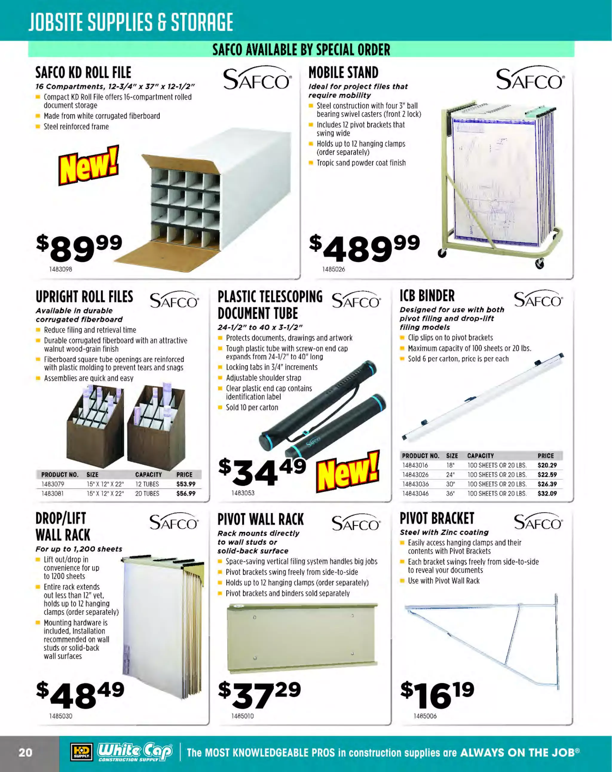 ~

Visit White Cap's WOC Branch @ Booth C4355

...... CONCRETE

FREE BACKPACK • SHOW SPECIALS • PRIZES • GIV EAWAYS*

~ WORLDoF

THESE SPECIAL TRADER DEALS AVAILABLE ALL MONTH AT YOUR LOCAL BRANCH!

,#o

THE CUTTING EDGE SAW™

J/4" rebar and 7/8" all-thread rod
capacity, 9 amps
ICll:::
3-position removable side handle and a 0
rotating trigger handle
Double insulated power harness
ETL Certified & Listed
Includes: 2 TCT cutting blades, extra set of motor
carbon brushes, removable side handle, chip
collector attachment, tool kit & operations
manual, plastic molded carrying case
PRODUCT NO.
294BNCE20
294RBBNCENH

•

•

.

PRODUCT NO. DESCRIPTION
#6 3/4" ELECTRIC
294DC20WH
REBAR CUTTER

DESCRIPTION
PRICE
SAW
$297.99
REPLACEMENT BLADE NO HUB $26.49

9" IRON WORKER'S PLIERS
Chrome vanadium alloy steel

Chrome vanadium steel with lifetime warranty
Dual-dipped handle for comfort and grip
Meets ANSI requirements

294DC25X

BRIGADE.

- ·-

PRO GRADE TOOLS

•

•

.

PRICE

$1,349.99

#8OR1" ELECTRIC
REBAR CUTTER
$l,B94 .49

9-3/4" SIDE-CUTTING PLIERS
FOR REBAR WORK

KLEIN. ~
TOOLS ~

Sure gripping, knurled Jaws

Induction hardened cutting knives for long life
Coil spring keeps jaws open for fast and
easy gripping/twisting
Plastic-dipped handles

28002017CST

444BR10696

9" IRON WORKER'S PLIERS
FOR REBAR WORK

KLEIN.~
TOOLS ~

9-3/8" SIDE-CUTTING PLIERS
FOR REBAR WORK

KLEIN. ~
TOOLS ~

High-leverage, with coll spring

High-leverage, with coll spring

H bend in one handle for non-slip grip
ook
Heavy-duty knurled jaws
Square type nose

Streamlined design with sure gripping,
cross-hatched knurled jaws
Cuts ACSR, screws, nails, and most hardened wire
Hook bend in one handle

28002139ST

280020009ST

9" HIGH LEVERAGE
DIAGONAL-CUTTING PLIERS

KLEIN.~

TOOLS ~

9-1/4" SIDE-CUTTING PLIERS
FOR REBAR WORK

KLEIN.~
TOOLS ~

Sure-gripping, knurled Jaws

For greater cutting power

Induction hardened cutting knives for long life
Coil spring keeps jaws open for fast and
easy gripping/twisting
Plastic-dipped handles

Angled head design for easy work in confined spaces
Hooked handle for improved grip

28002489ST

280020007CST

~ (U/h~~

~

#6 REBAR CUTTER
J/4" capacity, 10 amps
Cuts up to 3/4" 60 grade rebar in only 3 seconds
Delivers 15 tons of cutting pressure
Weighs 25-1/2 lbs.
Includes: durable plastic carrying case,
hydraulic oil, tool kit

The MOST KNOWLEDGEABLE PROS in construc~ion supp lies

coNsTRucnoNsd·wH1LE su PPuEs LAST

800.944.8322

I Whitecap.com

 
