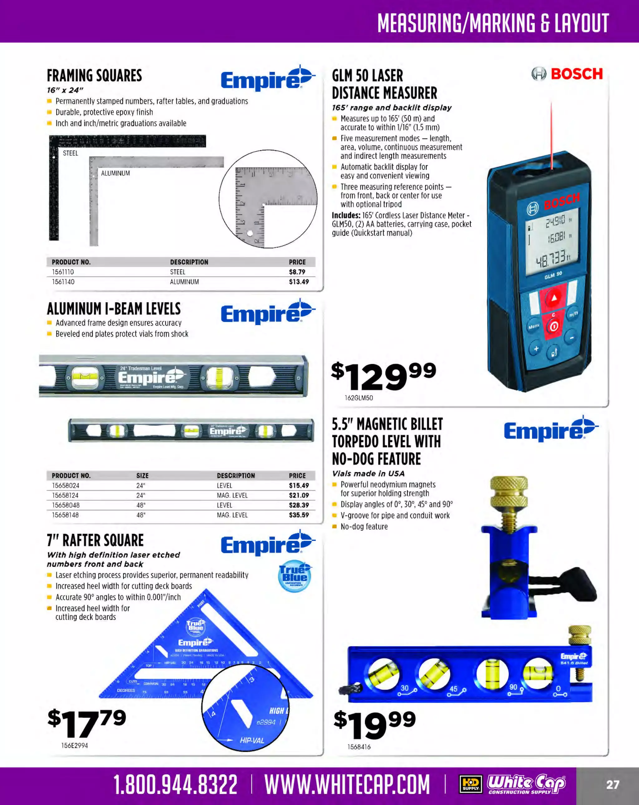 Experience Our MOBILE APP @ Booth BD2
ALSO VISIT OUR SAFETY BOOTH OUTSIDE OF CENTRAL HALL BY REGISTRATION

...,.,ii!

~ WORLDoF

~ CONCRETE

THESE SPECIAL TRADER DEALS AVAILABLE ALL MONTH AT YOUR LOCAL BRANCH!

BRIGADE.

BRONZE HAND
GROOVERS

-*-

PRO GRADE TOOLS

Hade from high quality,
long-wearing bronze

BRIGADE. WALKING EDGERS BRIGADE.
BLUE STEEL
WALKING NOSE & PRO GRADE TOOLS Blue steeledgers feature a handle PRO GRADE TOO LS
Walking
mount that allows you to move
COVE TOOLS

-*-

handle180 degrees
Made of high quality blue
spring steel
Handle not included

Hade of high grade carbon blue
spring steel

Finely finished to make smooth
clean grooves
Longer lasting and heavier than
steel groovers

Flexible yet strong
Includes an all angle swivel bracket
Attach the Brigade 444BR1
2049
Yoke/snap starter to bracket

PRODUCT NO.
444BR11741
444BR11742
444BR11743
444BR11744
444BR11745
444BR11746
444BR11747
444BR11748
444BR11981
444BR11984
444BR11985
444BR11986
444BR11987
444BR11988
444BRll99U
444BR11991
444BR11993

444BR11869

PRODUCT NO.
444BR118b9
444BR11870
444BR11871

SIZE
b" X4·1/2" 1/2" L> 1/4" R
6" X4-1/2" 1/2" D3/8" R
6" X4-1/2" 3 D1/4" R
/4"

HAND EDGER/
GROOVER
High quality stainless steel

PRICE
$36.89
$37.99
$39.29

PRODUCT NO.
444BR12002
444BR12UU3
444BR12006
444BR12007

SIZE
9" XS" 1/2" R
9" XS" 3/4""R
9" X 9" 1/2" R
9" X 9" 3 4" R
/

BRIGADE.

HAND GROOVER

PRO GRADE TOOLS

Stainless steel

-*-

Overall dimension 8-1/4" x 6"
Forms a 1/2" radius and cuts a
1/4" groove 6" back from the edge

BRIGADE.

- *
-

PRO GRADE TOOLS

Extra deep cut
Lip guides on each side
Wood handle

- *-

SIZE
9" X 6" 1/4" R
9" X 6" 3 8" R
/
9" X 6" 1/2" R
9" X 6" 3 4" R
/
9" X8" 1/2" R
9" X1 1/2" R
0"
9" X12" 1/2" R
9" X 14" 1 R
/2"
9" X 4" 1/2" R
9" X8" 1/8" R
9" X8" 1/4" R
9" X8" 3/8" R
9" X10" 1/4" R
9" X1 1/4" R
0"
9" X lU" 3/ 4" R
9" X12" 1/4" R
9" X 12" 3/4" R

PRICE
$10.29
$10.29
$10.29
$10.29
$11.29
$11.99
$12.99
$16.69
$9.39
$11.29
$11.29
$11.29
$11.29
$11.99
$11.99
$12.99
$12.99

BRIGADE.

WALKING
GROOVER

- *-

PRO GRADE TOO LS

High quality stainless steel

Extra deep cut
Lip guides on each side
Comes with swivel bracket for
all angles

444BR11763

SAFETY EDGER/
GROOVER

BRIGADE.

Stainless steel

Makes safety grooves while edging
stairs, driveways, etc.
4-1/2" x 6" with 1/4" deep x 1/8" wide grooves
4 grooves 3/4"
on center
1/2" rad ius edger

4448R11762

PRODUC ND.
T
444BR11756
444BR11758
444BR11757

SIZE
6" X4" Xl"
6" XS" X1/2"
6" X 6" X1"

The MOST KNOWLEDGEABLE PROS in construction supplies

800.944.8322 I Whitecap.com

PRIC
E
$16.19
$17.59
$17.89

PRODUCT NO.
444BR11759
444BR11764

SIZE
6" xs· x1/2"
8" x12" x1
"

PRICE
$24.59
$33.79

 