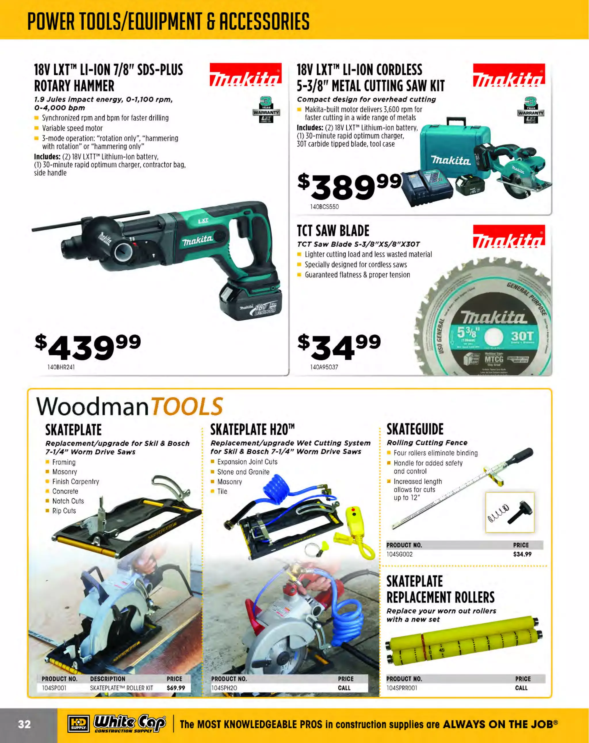 ~

Visit White Cap's WOC Branch @ Booth C4355

...... CONCRETE

FREE BACKPACK • SHOW SPECIALS • PRIZES • GIV EAWAYS*

~ WORLDoF

THESE SPECIAL TRADER DEALS AVAILABLE ALL MONTH AT YOUR LOCAL BRANCH!

4200 GASte)Husqvarna· BANNER
POWERED SAW
LINE" BLADES

(Blue 300B) cuts soft to medium-soft aggregate
(Black 500B-R) has an extra long life when cutting
abrasive asphalt

1" max. depth of cut, 22-hp engine
Switch activated electronic adjustable handles
Master switch control panel
Electronic remote key start and choke
Switch-activated blade depth
•
__
control and retractable guide
· · · ·

Mechanical depth gau e ~: J.iy-__ 
r £P~
Rear lighting system
~'ef
--

1 . ~~ -l

®Husqvarna·

:- -' .f

234GX4200

6·5/ 8" cut depth, 11 hp, easy to
transport and lift

The FS400 is a productive saw with excellent
weight distribution and stability
The adjustable and
-~~.,.,._low-vibration handlebar
increases operator comfort ._..~iiilll...
Poly-V belt gives
optimum power
transmission to the blade
Handwheel can be folded
to avoid breakage

,

$166~,s~f

FS 400
te)Husqvarna·
18" CONCRETE
WALK BEHIND FLOOR SAW

PRODUCT NO.
617542751075
617542751036

SIZE
14"
18'

DESCRIPTION
PRICE
WET ASPHALT
$299.99
WET GE
NERAL PURPOSE $309.99

617FS400LV

A FULL LINE OF HUSQVARNA SAWS ARE AVAILABLE FOR ANY APPLICATION

®Husqvarna· FS 4800 D26" ®Husqvarna·
FS 520 20"
®Husqvarna· FS 6600 D
26" CONCRETE
CONCRETE DIESEL FLOOR SAW
CONCRETE WALK BEHIND
48 hp, professional and very versatile floor saw
WALK BEHIND FLAT SAW
FLOOR SAW
for mid-size jobs
20.8 hp, Max cutting depth: 196 mm / 7.625"

Patented engine and bladeshaft mounting
system reduce vibrations for better performa nee
Patented lntelliSeal bladeshaft system allows for
a minimum of 250 maintenance-free hours
Raise/lower

assist system
Innovative series of
self-propelled small flat
saws with blade
capacities of 20 inches

10.5" cut depth, 60 hp, diesel powered

The FS6600D is one of the most powerful flat
saws In its range
John Deere 4-cylinder turbo charged diesel engine
is rated at 66 HP(Max power)

CALL FOR PRICE
617965165207

134FS52020

680GC12"
CONCRETE
CUTOFF SAW

Adjustable handles to allow for a comfortable
working position
Bladeshaft tachometer helps operator identify
correct bladeshaft rpm for selected blade size
Patented power transmission
system transmits more
power to the bladeshaft
with optimum torque

I t!fJJ

76.5cc 2-stroke engine delivers 5 hp @ 9, 500 rpm

Cuts concrete masonry, and stone up to 12" deep
,
Comes with general-purpose T
winMAX diamond chain
Utilizes 25:1 fuel to oil mixture to properly lubricate
the engine under demanding workload
Weighs 24 lb.
with bar
and chain

PRODUCT NO. DESCRIPTION
48271400
1 TWINMAX (29 SEG) C
2"
HAIN

695GC16"
CONCRETE
CUTOFF SAW
94cc 2-stroke engine delivers 6.4 hp @ 9, 000 rp

Cuts concrete, masonry, and stone up to 16" deep
Comes with general-purpose TwinMAX diamond chain
Utilizes 25:1 fuel to oil mixture to properly lubricate
the engine under
demanding workload
Weighs 24 lb. with
bar and chain

695GC CONCRETE
CUTOFF SAW
94cc 2-stroke engine
delivers 6.4 hp @ 9,000 rpm

Comes with general-purpose TwinMAX
diamond chain
Utilizes 25:1fuel to oil mixture to properly lubricate
the engine under
demanding
workload

PRICE
$370.99

~ (U/h~~

The MOST KNOWLEDGEABLE PROS in construction supp lies

~ coNsTRucnoNs~·wHiLE s u PPuEs LAST

800.944.8322

I Whitecap.com

 