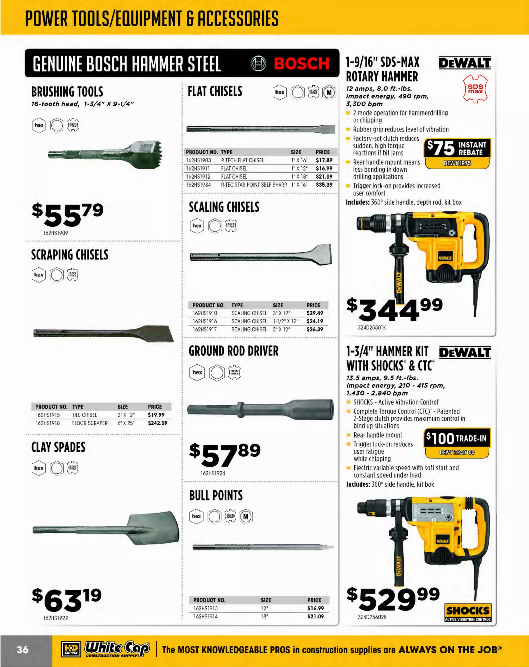 ~

Visit White Cap's WOC Branch @ Booth C4355

...... CONCRETE

FREE BACKPACK • SHOW SPECIALS • PRIZES • GIV EAWAYS*

~ WORLDoF

THESE SPECIAL TRADER DEALS AVAILABLE ALL MONTH AT YOUR LOCAL BRANCH!

10" OMS 240 CORE DRILL RIG
1,500 watts I 20 amp motor with a two-speed
carriage gearbox and electric overload protection

Perfect for drilling reinforced concrete, bricks and
other building material for ventilation and plumbing
channels, waste evacuation pipes, barriers
and road signs
Equipped with stabilizing guide rollers for accurate
drilling as well as cleaner, straighter holes
The stand can be tilted from 0 to 60. for angle drilling
Two-speed carriage gearbox lets you choose
crank speed for optimal performance, depending
on application
Drill holes up to 10" in diameter
24" drilling stroke

PRODUCT NO.

-

PROOUCTNO.
617542786797
617542786799
617542786801
617542786804
617542786806
617542786808
617542786810
617542786811
617542786813
617542786814
617542786816
617542786819

10 IN. O 240 CORE RIG
MS
VACUUM PUMP WITH FITTINGS

CORE BORE WEKA
DK12 HAND-HELD DRILL

~RE
B~RE

14 amp, 110 volts

ml Husqvarna·

PRICE
$63.93
$100.60
$93.09
$108.10
$130.71
$149.52
$169.19
$184.29
$216.21
$225.62
$272.64
$357.19

1-1/4"
1-1/ 2"
2"
2-1/2"
3"
3-1/2"
4"
4-1/2"
5"
6"
8"

~RE
B~RE

CORE BORE M-1 CORE DRILL RIG
Available as a complete unit or build-your-own
with different component options

Build your own! You can choose from these different motors,
- Core Bore Motor, 20 amp, 2-speed, - Milwaukee motor
20 amp 2 speed, - CB700 motor, 20 amp 2 speed
2-1/2" square column w/ black oxidized finish
6" wheels for easy mobility
Dual switch/outlet control panel with amp meter
(except for CB700 models with LED amp meter)
Vacuum pump for quick mounting
4 leveling screws on the base
Up to 14" bit capacity with one spacer block
Core Bore Motor
20 amps
400/930 rpm
14" capacity
Milwaukee Motor

3-speed, 580/1,400/2,900 rpm
Reversible slide handle - left or right side drilling
Thermal overload
Up to 3" hand held, up to 6" in optional M4 drill stand
Weighs 25 lbs.
Includes: carrying case and both 1-1/4-07
threaded spindle and 5/8-11 threaded
spindled adapter for smaller diameter bits

PRODUCT NO.
2244245055
22430076
22430062
22401806
2244243000
2244244075

s1429 99
1074244017

~ (U/h~~

PROFESSIONAL®8635MEDIUM DIAMOND CORE BITS
Good balance of speed and life while drilling
medium-hard to soft concrete with or without
steel reinforcing

DESCRIPTION

617DMS240
617541400078

ml Husqvarna·

DESCRIPTION
M COMBO W AMPCORE BORE MOTOR
-1
/20
M-1 COMBO W CB700 MO
/
TOR
CB7 MOTOR
00
M-1 ANCHOR DRILL STAND
M METER BOX
-1
VACUUM PUMP

PRICE
$2,419.99
$2,299.99
$1,018.99
$649.99
$259.99
$329.99

The MOST KNOWLEDGEABLE PROS in construction supp lies

~ coNsTRucnoNs~·wHiLE suPPuEs LAST

800.944.8322

I Whitecap.com

 