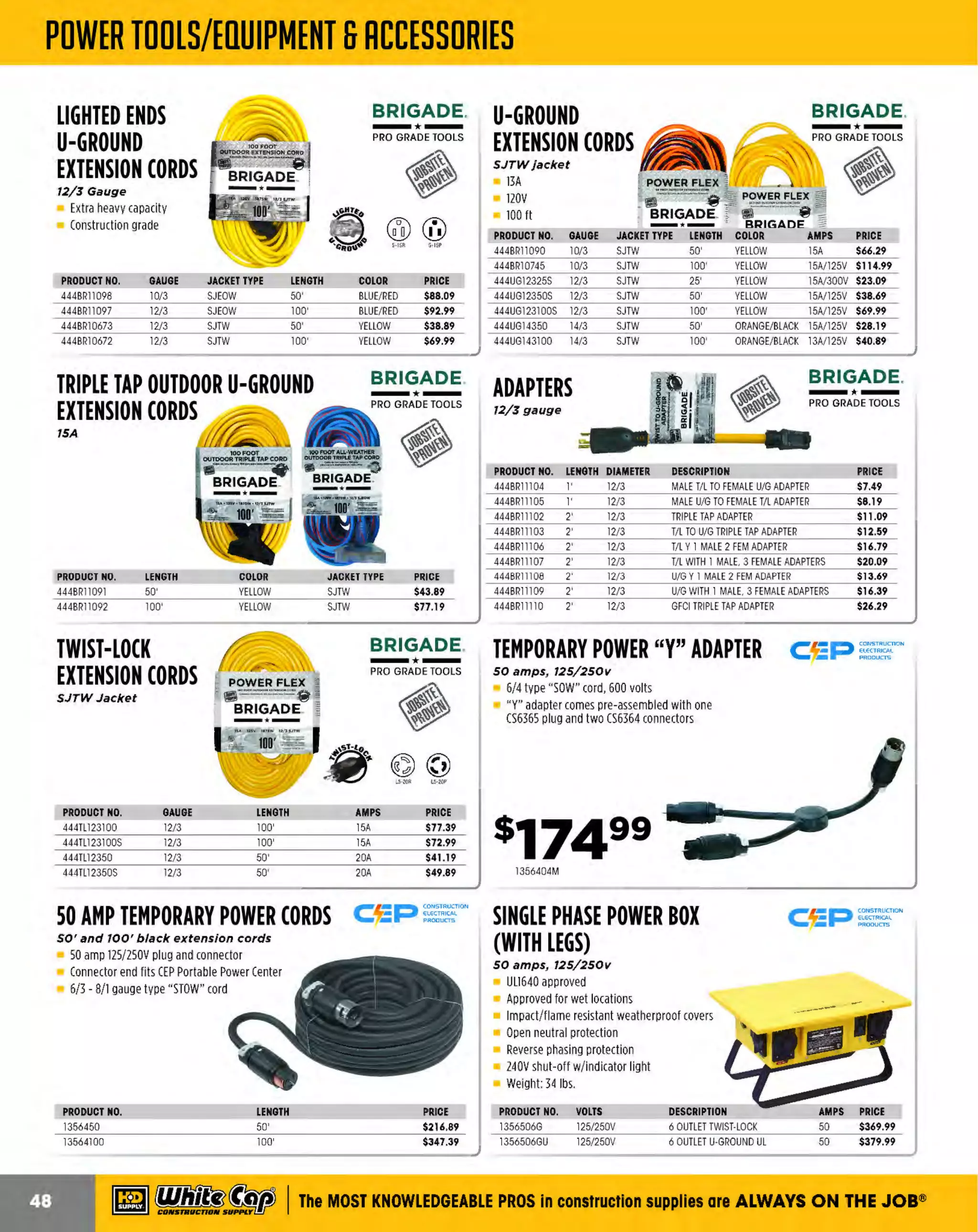 ~

Visit White Cap's WOC Branch @ Booth C4355

...... CONCRETE

FREE BACKPACK • SHOW SPECIALS • PRIZES • GIV EAWAYS*

~ WORLDoF

THESE SPECIAL TRADER DEALS AVAILABLE ALL MONTH AT YOUR LOCAL BRANCH!

@) JU5TRITE'

TYPE 1SAFETY CANS
With funnels value packages

FIRE EXTINGUISHERS
ABC dry chemical type

Self-closing lid controls vapors and spills
Full length, chemically resistant stainless steel flame arrester
dissipates heat to prevent flashback ig nition
Large ID Zone identifies contents to reduce misuse or to
designate department, shift or crew
Leakproof, positive pressure relief cap automatically vents to
prevent rupture or explosion
PROOUCT NO.
1047120110
1047150110
1047150210
10411202Y

TYPE
TYPE I
TYPE I
TYPE I
TYPE I

Aluminum handle
Mounting bracket included
Body is designed for standard
commercial applications

DESCRIPTION
RED SAFETY GAS CAN WITH FUNNEL
RED GAS CAN WITH FUNNEL
YELLOW DIESEL CAN WITH FUNNEL
POLYETHYLENE FUNNEL

CAPACITY
2 GAL.
5 GAL.
5 GAL.
N/A

FIRST AID KITS

BRIGADE - - -

- ·- ~,,,

·---

PRODUC NO.
T
444BR11697
444BR11700
444BR11703

PRODUCT NO.
330205417
330205500
330205456
33020MB3H

DESCRIPTION
2-1/2 LBS.
5 LBS.
10 LBS.
20 LBS.

PRICE
$44.99
$54.99
$84.99
$144.99

BRIGADE.

u1&iifi.Jol
....,_ ,._

BRIGADE =:;::::::"

- · - !!.!'!:!!-

WEBMASTER 1600 WEB SLING

PRO GRADE TOOLS

The Industry standard sllng for dally use

- ·-

All kits are ANSI Standard ZJOB. 12009, packed with
high quality first aid supplies that comply with OSHA
1910. 151 for Industry or 1926.50 for construction

Edii1jjo)
--·-

PRICE
$49.99
$54.99
$59.99
$8.89

..

Red core yarn warning system
Abrasion resistant
Two-ply nylon construction

_.._..-

!!!!.~...2!· =::::::::.::­

E!!!.!!.-

DESCRIPTION
10 PERSON POLY BASIC FIRST AID KIT
25 PERSON POLY FIRST AID KIT W EYEWASH
/
50 PERSON METAL FIRST AID KIT

PRICE
$18.99
$25.99
$44.99

PRODUCT NO.
332EE280206
332EE280208
332EE280210
332EE280212
332EE280220

SIZE
2" x 6'
2" x 8'
2" x 1
0'
2" x 12'
2" x 20'

PRICE
$23.99
$28.99
$33.99
$37.99
$55.99

SUPROTEK" REBAR V, SUPERIOR
~ DAYTON'
SAFETY CAP
PC110 fits #J - #8 rebar

Designed for light duty service

Red core yarn warning system
Abrasion resistant
Two-ply Polyester construction
3" Capacity Ratings - Vertical: 6,600 lbs.,
Choker: 5,280 lbs., Basket: 13,200 lbs.
3" x 20'

ORANGE HIGH
VISIBILITY FENCE
4 ' x 100' Economical plastic
warning fence

Patented technology
OSHA compliant
Contains a curved steel plate to provide
added protection against falls
P
revents impalement

Large surface area for greater visibility
Will not corrode or kink
UV resistance up to 2 years
Easy to handle and install
Best for short term applications

s5999
332EE260320

.if'an~

175 PADLOCK
Solid brass case for strength
and weatherability

DESCRIPTION
2"
2-1/4"

#5 KEYED ALIKE
PADLOCKS

.M'ast~

Thousands of key changes
Tough, laminated, rustproof
steel case; nickel-plated shackle
Removable key-change
number for added security
Pair of brass keys included
with every lock

PRICE
$25.99
$29.49

~ (U/h~~

PRODUCT NO. DESCRIPTION
1125KAA112
KA All2 PADLOCK
125KAA273
1
KA A273 PADLOCK
1125KAA297
KA A297 PADLOCK
1125KAA383
KA A383 PADLOCK

BARRICADE TAPE
500' and 1000' rolls

Reusable
High visibility

Precision cylinder protection

Set-your-own combination
2" (Slmm) wide body
Shackle: 5/1 X1" X 1"
6"
Resettable to any of 10,000
personalized combinations

PRODUCT NO.
112175D
112175DLH

104SFORG4100

121PC110

PRO GRA DE TOOLS

BUYJ GET ONE FREE!
PRSOl BUV3Gl

Clm=nlil-

$17.99
$17.99
$17.99
$17.99

BRIGADE.

- ·-

PRODUCT NO.
1
23BTIOOOC
1
23BTIOOO
D
173RYCT

DESCRIPTION
3" X 1000' YELLOW C
AUTION
3" X 1000' RED DANGER TAPE
3" X 500' REINFORCED YELLOW
CAUTIONTAPE

PRICE
$10.39
$10.39

$25.99

The MOST KNOWLEDGEABLE PROS in construction supp lies

~ coNsTRucnoNs~·wHiLE suPPuEs LAST

800.944.8322

I Whitecap.com

 