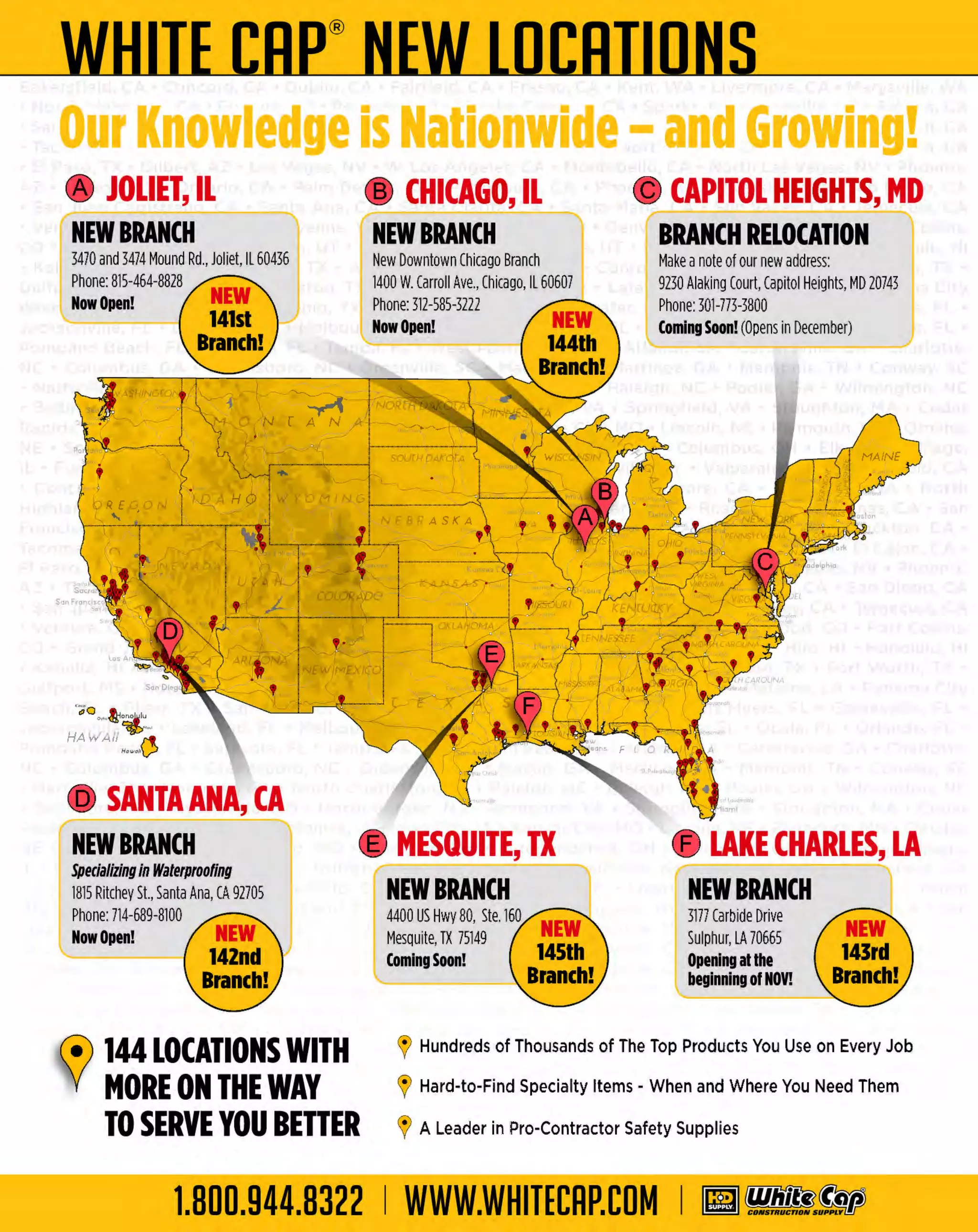 Experience Our MOBILE APP @ Booth BD2
ALSO VISIT OUR SAFETY BOOTH OUTSIDE OF CENTRAL HALL BY REGISTRATION

...,.,ii!

~ WORLDoF

~ CONCRETE

THESE SPECIAL TRADER DEALS AVAILABLE ALL MONTH AT YOUR LOCAL BRANCH!

6300 SERIES RED
FIBERGLASS STEPLADDERS

< wERNEO

Larger, more functional top
T knee brace for added stability
op
Low spreaders for added stability

J75 lb. load capacity, Type 1AA duty rating

Ladder top fastened with 8 solid aluminum rivets
and 2-1/4" hardened steel shoulder bolts
S
hock absorbing Edge'" bracing structure with
wrap-around rail shields minimizes damage
Wide-traction, double riveted, deeply serrated steps
(T
raction-T
red')
PRODUCT NO.
2456306
2456308
2456310
2456312

SIZE
6'
8'
10'
12'

PRICE

$127.99
$148.99
$227.99
$277.99

.OCK·t<<

PRODUCT NO.
245WC976
245WC978
245WC970

~~.-)

FIBERGLASS EXTENSION
LADDERS WITH FLAT D-RUNGS

< wERNER
>

JOO lb. load capacity, Type 1A duty rating

SIZE
16'
20'
24"
28'
32'

SIZE
6'
8'
10'

PRICE

$99.99
$128.99
$177.99

SAFE-T™ LADDER RAIL
EXTENSION SYSTEM
Aluminum design makes the ladder system lightweight

Red non-conductive fiberglass side rails with
non-irritating fabric outer mat assures a smooth
trouble-free surface even after weathering
Direct rung to rail connections

PRODUCT NO.
245063162
245063202
2450b3242
245063282
245063322

FIBERGLASS STEPLADDERS
JOO lb. load capacity, Type 1A duty rating

Installs without the use of tools
Extends 36" above the roof
Grips prevent slipping
Slip resistant surface on back
Meets all applicable OSHA/ANSI standards
Guardian Fall Exclusive patented product

PRICE

$232.99
$263.79
$277.99
$333.99
$388.99

12110800

LADDER RUNG STEP

VELOCITY SERIES HARNESS

Designed to reduce worker fatigue
by expanding the foot support

Best In class

Easily attached and lightweight
Requires no tools to install
Easily fits to most ladders injust seconds
Constructed of reinforced aluminum
Provides more stability while working on step ladders
and extension ladders
Guard ian Fall Exclusive patented product

Pass-thru chest buckles and
tongue buckles for legs
Dual lanyard keepers
Identification label
Finished webbing ends
Wear indicating webbing
3 D·Rings

GUARDIAN

EXCLUSIVE!
2452477

12101703

BUCKET OF SAFE-TIE

SERAPH RED/BLACK
CONSTRUCTION HARNESS
WITH SIDED-RINGS

Complete fall protection system for one roofer

Six points of adjustment with dual stretch points

Shoulder rescue retrieval D-rings
Quick adjust torso buckles
Padded waist belt
Plastic break-away lanyard keepers

PRODUCT NO.
12111173
23011171XL

SIZE
M-L
XL-2XL

DESCRIPTION
RED HARNESS W SIDE 0-RINGS
/
RED HARNESS W SIDE D·RINGS
/

PRICE

$99.99
$111.09

Universal harness with 5 points of adjustment
Vertical lifeline assembly with shock pack
Positioning device with 18" lanyard extension
to keep device within reach preventing trip hazards
Temper reusable roof anchor can be used
in wood or metal
Incorporates an integrated shock absorber into
the lifeline

s14449
26300815

The MOST KNOWLEDGEABLE PROS in construction supplies

800.944.8322 I Whitecap.com

'

.

 