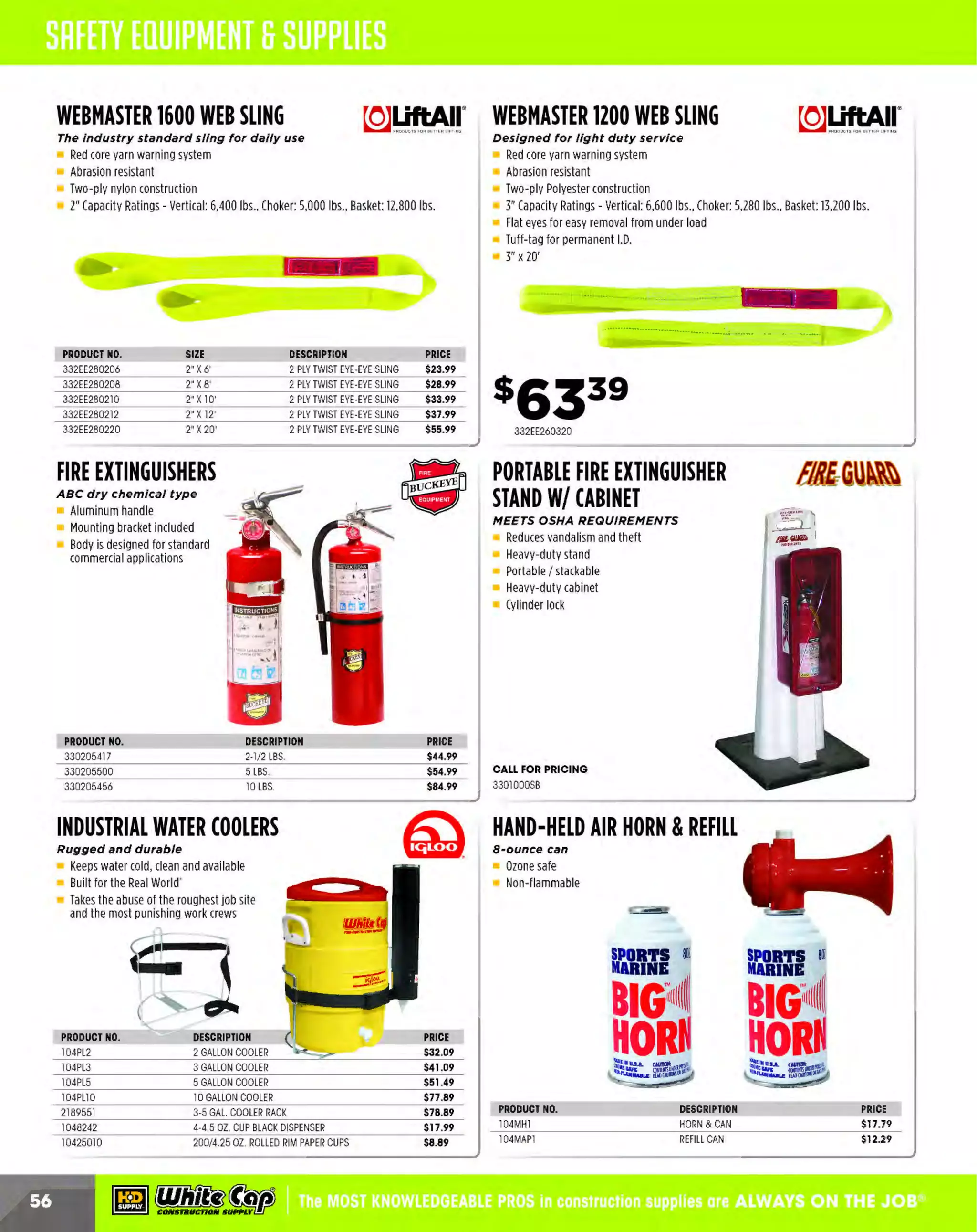 ~

Visit White Cap's WOC Branch @ Booth C4355

...... CONCRETE

FREE BACKPACK • SHOW SPECIALS • PRIZES • GIV EAW AYS*

~ WORLDoF

THESE SPECIAL TRADER DEALS AVAILABLE ALL MONTH AT YOUR LOCAL BRANCH!

COMBO DOBIES

METAL REBAR
SUPPORT CHAIRS

Used for supporting wire mesh or rebar
to ensure proper placement

~ DAYTON '
"'- SUPERIOR

Plastic dipped

~ DAYTON.

CASTLE CHAIR
Strong, lightweight and
easy to handle

"'- SUPERIOR

Easily carry over 200 chairs at one time
Handles rebar sizes up to 1"

j,

'•

YOUR CHOICE

PRODUCT NO.
132CCD250
132CCD300

SIZE
1-1/2" x2" x2· 1/2"
2·1/2" X 3"X 3-1/2" X 4"

PRICE
.41¢

.65¢

DOBIES

PRODUC NO.
T
132BCll2PD
132BC2PD

SIZE
1-1/2"

2"

SPACER WHEEL

39¢
~ DAYTON '

"'- SUPERIOR
Excellent for use In wall,
beam and column applicat ions

Used for supporting wire mesh or rebar
to ensure p roper placement

M
inimum form contact provides for excellent
concrete finish
Designed to fit on a wide range of bar and wire
mesh sizes assuring accurate placement

PR
ODUCT NO.
132PCC205
132PCC300

~

DESCRIPTION
2"-2-1/4" 480/BX
3"-3-1/4" 24/BAG 288/ BX

PRICE

.50¢
.55¢

QUICKEY™
METAL KEYED
CONTROL JOINTS ~
24 gauge, G60 hot
dipped mill
galvanized steel

--

For use in concrete flatwork as a
control or construction joint
The only galvanized joint system
featuring knockouts for square dowels,
which provide better load transfer
over round dowels and also reduce
edge curl on the slab

PRODUCT NO.
132CPD233
132CPD300

SIZE

2" x 3" x3"
3"

PRICE
.41¢

.52¢

PRODUCT NO.
132PSW1506
132PSW2006
132PSW3006

1-1/2" FITS #3-#6 REBAR

DESC
RIPTION

PRICE
.44¢

2" FITS #3-#6 REBAR
3" FITS #3-#6 REBAR

.50¢
.69¢

PRODUCT NO.
272QKCJ312
2720KCJ412
272QKCJ512

WIRE DOBIES

CAST IN PLACE SYSTEM

Used for supporting wire mesh or rebar
to ensure proper placement

Armor-Tile'" Tactile Systems Cast In Place Tiles are a highly durable
cost effective solution for setting detectable warning tiles directly
In newly poured concrete

Wire Dobies keep rebar and mesh from being
displaced during concrete placement

PRODUCT NO.
132CWDIOO
132CWD150
132CWD200
132CWD300

SIZE
1-1/2" x2" x2"
2"

PRICE
.41¢
.41¢
.41¢

3"

.52¢

l" x2· x2"

~ (U/h~~

SIZE
3-1/2" x10'
4-1/2" x 10'
5-1/2" x10'

PRICE
.69¢
.99¢
$1.09

Armor-Tile™
Tactile Systems

Lowest cost installation system available
Certified to meet ADA and State requirements

PRO T NO.
DUC
465CW3648YW
465CW3660YW
465SW3648YW
465SW3660YW
465CW3648DG
465SW3648DG
465CW3660DG

DESCRIPTION
36" X 48" 2.35 YELLOW CAST PLACE ARMORTILE
36" X 60" 2.35 YELLOW CAST PLACE ARMORTILE
36" X 48" 2.35 YELLOW SURFACE SHIP I TUBE & 12 PINS ARMORTILE
36" X 60" 2.35 YELLOW SURFACE SHIP l TUBE & 1 PINS ARMORTILE
5
36" X 48" 2.35 DK GRAY CAST PLACE ARMORTILE
36" X 48" 2.35 DK GRAY SURFACE ARMORTILE
36" X 60" 2.35 DK GRAY CAST PLACE ARMORTILE

The MOST KNOWLEDGEABLE PROS in construction supplies

~ coNsTRucnoNs~·wHiLE suPPuEs LAsr

800.944.8322

I Whitecap.com

 