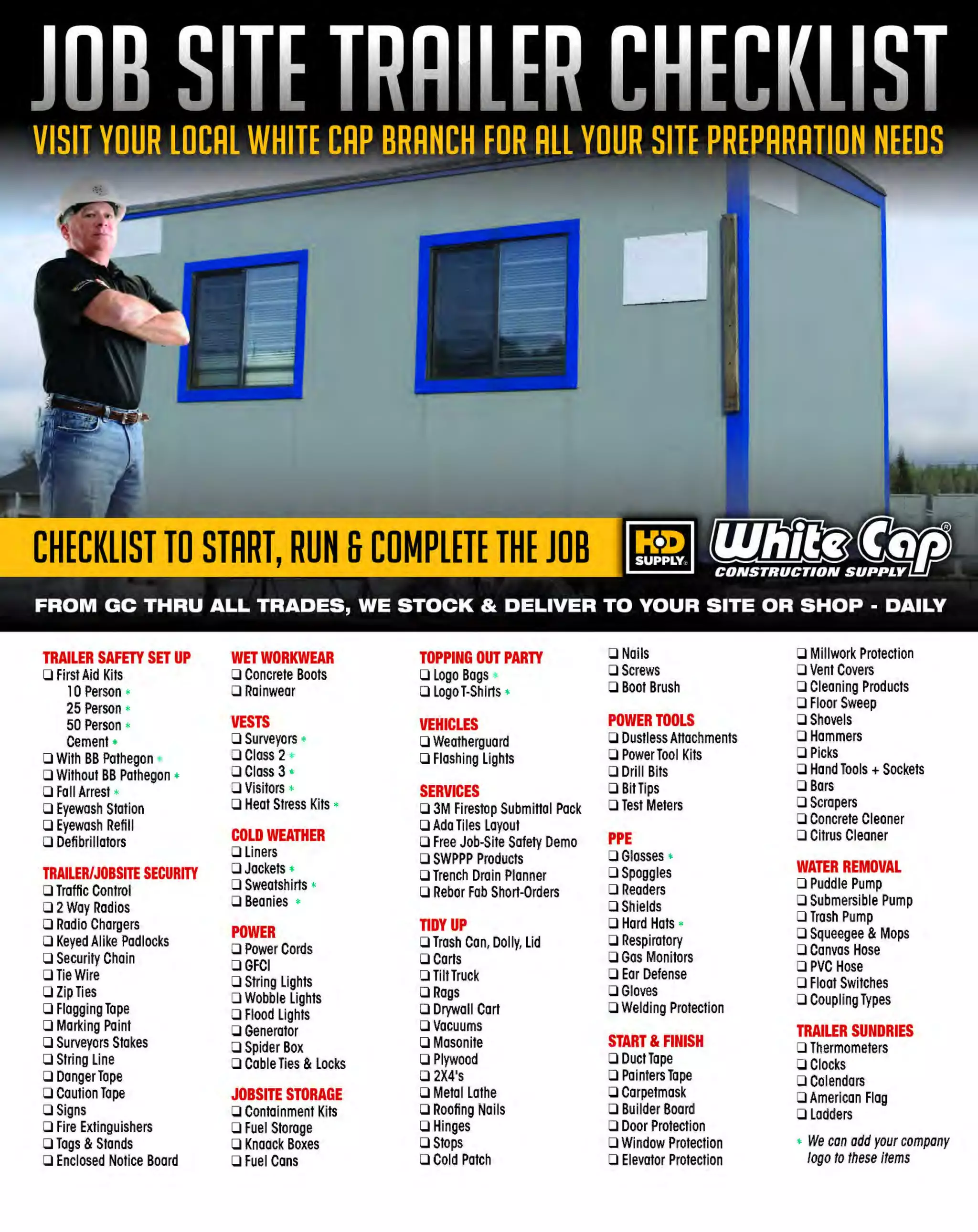 ~ WORLDoF

~

Visit White Cap's WOC Branch @ Booth C4355

...... CONCRETE

FREE BACKPACK • SHOW SPECIALS • PRIZES • GIV EAWAYS*
THESE SPECIAL TRADER DEALS AVAILABLE ALL MONTH AT YOUR LOCAL BRANCH!

RJD INDUSTRIES, INC.

+

FIBERGLASS FORM-TIE SYSTEMS

NO BREAKBACK NEEDED

+

The Light SuperTie System offers an ultimate
tensile strength of 6,000 pounds (3,000 pounds
safe working load at 2:1 safety factor), and Is
most commonly used with job-built (plywood
and 2 by 4) forms and hand-set modular forms.

NO MORE PLUGGING
AND PATCHING

+

CANNOT RUST

. .• .
:
+

The fiberglass rod diameter is only .308 inches,
making the system compatible with most
commercial forming systems.

EASY TO USE

"SuperTie is faster! You save time and
money. Far better than snap tie, inner
rod and shebolt systems that our
company previously used.,,

+

SK 1 1 SK and SOK Systems Available

RJD FIBERGLASS FDRMTIE SYSTEMS ARE AVAILABLE AT 1.800.944.8322 I WWW.WHITECAP.COM

MANUFACTURER OF
PLASTIC EXTRUSIONS

Economic alternative to saw cutting

Polystyrene cap with a removable top

Re-usable Polyethylene Strip

·Eliminates random cracking in concrete
• Offers the advantage of radius edge tooling
· With tilt-up construction floors, ZIP STRIP
leaves no telegraphed lines in the panel wal ls

• Creates a 1/2" x 1/2" void on concrete surface
·Self-leveling caulk can be poured in void on
top of remaining cap sealing the joint from
surface moisture

· Creates key way for locking multiple
on-grade slabs in any temperature
• Nail or staple to a form or header of any slab.

NO.
JOINT OEPTH
1"
21-1X10
21-1-1/2 X10
1-1/2"
21-2X10
2"
QTY/BOX 50 pcs.

SLAB THICKNESS
3 to6"
6 to8"
Over 8" thick
FT./BOX 500

LENGTH
10'
10'
10'

NO.
21A-VC-375
21A-VC-500
21A-VC-750
21 A-VC-1000

WIDTH
3/8"
1/2"
3/4"
1"

LENGTH
10'
10'
10'
10'

QTY/BOX
50 pcs.
50 pcs.
50 pcs.
50 pcs.

FTJBOX
500'
500'
500'
500'

NO.
21-KWS-10
21-KW-10

SIZE
21 /8"
31 /2"

LENGTH
10'
10'

QTY/BOX
50 pcs.
30 pcs.

FT./BOX
500'
300'

SUPERIOR PROFILES THE CHOICE OF PROFESSIONALS
AVAILABLE AT WHITE CAP

~ (U/h~~

I

WWW.WHITECAP.COM

I

1.800.944.8322

The MOST KNOWLEDGEABLE PROS in construction supp lies

~ coNsTRucnoNs~·wHiLE s u PPuEs LAST

800.944.8322

I Whitecap.com

 