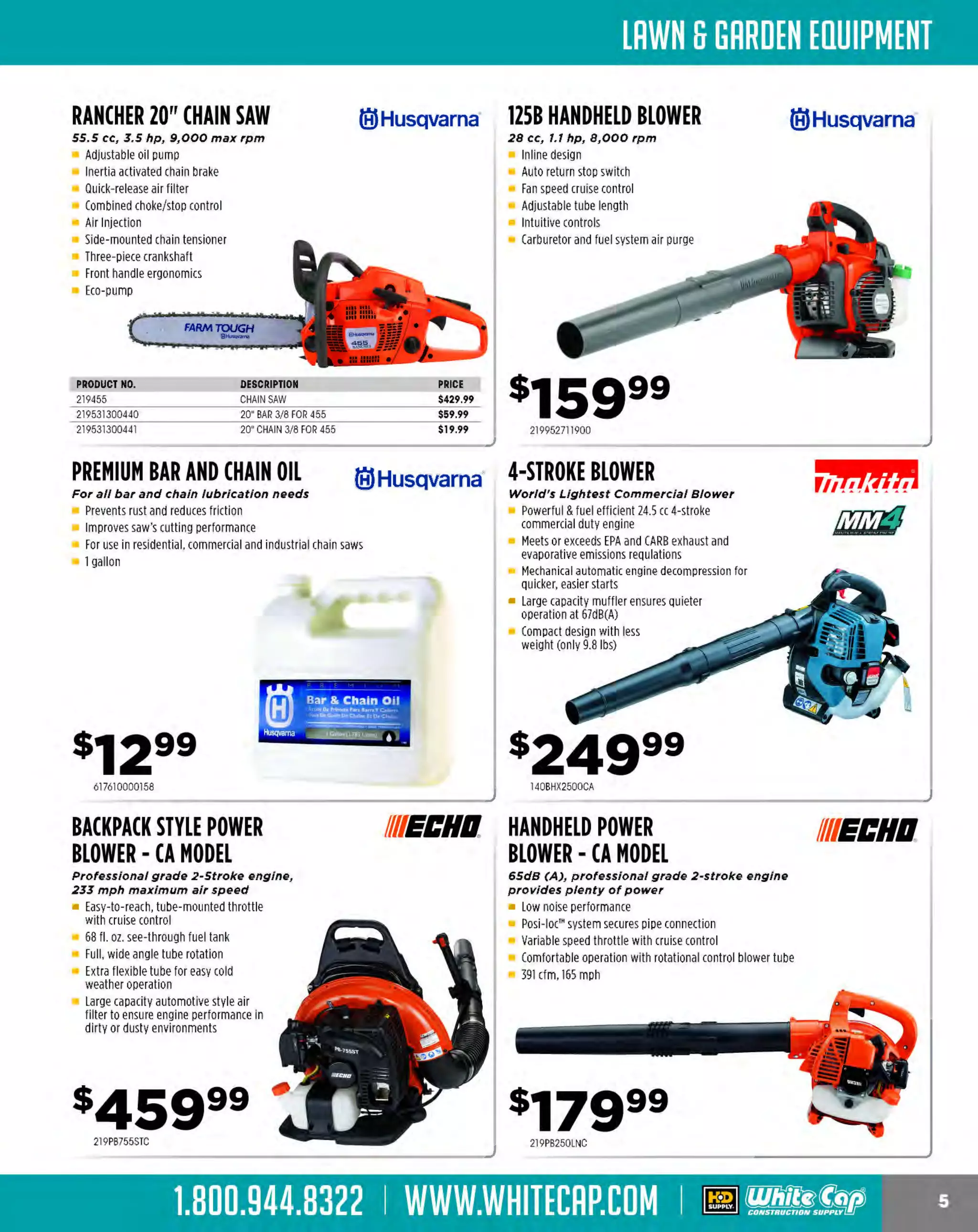 Experience Our MOBILE APP @ Booth BD2
ALSO VISIT OUR SAFETY BOOTH OUTSIDE OF CENTRAL HALL BY REGISTRATION

...,.,ii!

~ WORLDoF

~ CONCRETE

THESE SPECIAL TRADER DEALS AVAILABLE ALL MONTH AT YOUR LOCAL BRANCH!

7-1/4" MAG77LT
WORM DRIVE

Sl(ll.

Lightest weight
worm drive saw

4 lbs. lighter than SKIL SHD77, reduces user fatigue
6 function wrench stored in foot. DOC system
53° bevel with zero adjust and stop at 45°
Integrated saw hook mount
Soft Grip on switch handle
15.1 lbs.
Includes: 24-tooth carbide blade, blade wrench

7-1/4"
WORM DRIVE
CIRCULAR SAW

DEWALT. 7-1/4"

CIRCULAR SAW
15 amps, 5,800 rpm

15 amps, 4, 800 rpm

13.8 lb. lightweight magnesium construction
TOUGHCORD'" cord protection system provides
4x better cord jerk protection
53° bevel capacity
Includes: carbide tipped 7-1/4" blade, blade wrench

$JO TRADE-IN

Large cutting capacity (2-3/8" at go·.
1-3/4" at 45°)
Lower guard design for bevel
and narrow cuts
(2) Built-in LED lights for increased
cutting accuracy
Bevel cuts Odegrees - 45 • for most
common angles
Heavy gauge aluminum wraparound base
Includes: carbide tipped blade, blade wrench,
rip fence

DEW0114TRADE30

PRODUCT NO.
106MAG77LT
106MAG77LT72

DESCRIPTION
7-1/4" WORM DRIVE SAW
7-1/4" WORM DRIVE SAW W/
TWIST LOCK PLUG

PRICE
$219.99
$229.99

7-1/4" 24T DIABLO
FRAMING BLADE

PRICES BEFORE TRADE-IN
PRODUCT NO.
3240WS535
3240WS535T

DESCRIPTION
WITH LI-GROUND CORO SET
WITH TWIST LOCK CORO SET

fDIABIO-/

PRICE
$199.99
$204.99

1405007F

7-1/4" 24T CIRCULAR SAW BLADE
General purpose blade for hard and softwoods

Precision ground teeth for smooth, accurate cuts
Corrosion resistant coating helps prevent rusting
5/8" arbor with diamond knock-out

Ideal for fast, efficient ripping and crosscutting

Super thin kerf design allows better cutting control
TiCo'" Hi-D
ensity carbide
Perma-SHIELD' non-stick coating resists rust.
gumming and corrosion
Ideal for wet lumber
Extra-tough steel plate delivers longer life
5/8" arbor with diamond knock-out

s991
29700724A

7-1/4" 24T MARATHON
CIRCULAR SAW BLADE
8,JOO rpm (max_speed)

Every other tooth is ground thinner for fast cuts
Construction grade carbide teeth for long life
Reinforced shoulder for added durability
Heat vent and expansion slot design reduces
vibration for longer life and straighter cuts
Fastest Framing Blade Ever'"
5/8" arbor with diamond knock-out

s7s9
173RN024030

1
7325130

IRWIN.
J!AlLl/l!C3.

RENEGADE 7-1/4" X 24T
ATB GRIND SAW BLADE
High-quality steel with carbide reinforcement

Replacement blade for circular saws.
recommended for DIY projects and construction
Economical yet high performance,
can be sharpened to extend life

BUY ONE GET ONE FREE!
FRE011 4FREE5

s503
297RE0724A

The MOST KNOWLEDGEABLE PROS in construction supplies

800.944.8322 I Whitecap.com

IRWIN.

1111111111"•
,,.,.,.,.,,,,,.<IJ

 