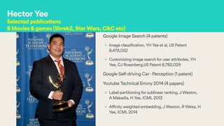 Google Image Search (4 patents)
• Image classification, YH Yee et al, US Patent
8,478,052
• Customizing image search for user attributes, YH
Yee, CJ Rosenberg,US Patent 8,782,029
Google Self-driving Car-Perception (1 patent)
Youtube Technical Emmy 2014 (4 papers)
• Label partitioning for sublinear ranking, J Weston,
A Makadia, H Yee, ICML 2013
• Affinity weighted embedding, J Weston, R Weiss, H
Yee, ICML 2014
Hector Yee
Selected publications
8 Movies&games (Shrek2, Star Wars, C&C etc)
 