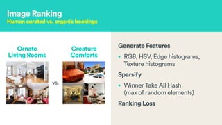 Generate Features
• RGB, HSV, Edge histograms,
Texture histograms
Sparsify
• Winner Take All Hash  
(max of random elements)
Ranking Loss
Image Ranking
Human curated vs. organic bookings
Ornate  
Living Rooms
vs.
Creature
Comforts
 