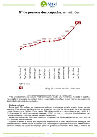 . 67
Número de pessoas desocupadas, segundo a Pnad do IBGE (Foto: Editoria de arte/G1)
“Não tem absolutamente nada na Pnad Contínua que mostre uma melhoria no mercado de trabalho,
na geração de empregos, ou qualquer tipo de recuperação em qualquer tipo de inserção ou grupamento
de atividade”, completa o pesquisador.
Carteira assinada
Desse total, 33,4 milhões de pessoas que estavam empregadas no setor privado tinham carteira
assinada. Esse número também recuou em ambos os períodos de comparação: frente ao trimestre
outubro/dezembro de 2016 (-1,8% ou menos 599 mil pessoas) e ao trimestre janeiro/março de 2016 (-
3,5% ou menos 1,2 milhão de pessoas). Segundo o IBGE, foi o menor contingente de trabalhadores com
carteira assinada já observado na série histórica da pesquisa.
O pico de trabalhadores com carteira assinada foi registrado no trimestre encerrado em junho de 2014
- 33,9 milhões de trabalhadores.
Segundo Azeredo, a notícia mais impactante da pesquisa é a perda expressiva de empregos com
carteira assinada. “Perder postos de trabalho com carteira significa perda de arrecadação da Previdência,
perda de acesso ao seguro-desemprego, perda de garantias trabalhistas. Além disso, a carteira de
1332730 E-book gerado especialmente para JEFFERSON VIEIRA ALVES
 