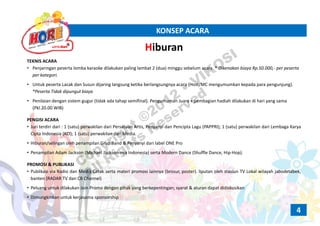 KONSEP ACARAKONSEP ACARA
Hiburan
TEKNIS ACARA
• Penjaringan peserta lomba karaoke dilakukan paling lambat 2 (dua) minggu sebelum acara. * Dikenakan biaya Rp.50.000,‐ per peserta
per kategori.
• Untuk peserta Lacak dan Susun dijaring langsung ketika berlangsungnya acara (Host/MC mengumumkan kepada para pengunjung)Untuk peserta Lacak dan Susun dijaring langsung ketika berlangsungnya acara (Host/MC mengumumkan kepada para pengunjung). 
*Peserta Tidak dipungut biaya
• Penilaian dengan sistem gugur (tidak ada tahap semifinal). Pengumuman Juara + pembagian hadiah dilakukan di hari yang sama
(Pkl.20.00 WIB)
PENGISI ACARA
• Juri terdiri dari : 1 (satu) perwakilan dari Persatuan Artis, Penyanyi dan Pencipta Lagu (PAPPRI); 1 (satu) perwakilan dari Lembaga Karya
Cipta Indonesia (KCI); 1 (satu) perwakilan dari Media.
• Hiburan/selingan oleh penampilan Grup Band & Penyanyi dari label ONE Pro
• Penampilan Adam Jackson (Michael Jackson‐nya Indonesia) serta Modern Dance (Shuffle Dance, Hip‐Hop).
PROMOSI & PUBLIKASI
• Publikasi via Radio dan Media Cetak serta materi promosi lainnya (brosur, poster). liputan oleh stasiun TV Lokal wilayah jabodetabek,
banten (RADAR TV dan CB Channel)
• Peluang untuk dilakukan Join Promo dengan pihak yang berkepentingan; syarat & aturan dapat didiskusikan
Di ki k t k k j hi• Dimungkinkan untuk kerjasama sponsorship
4
Copyright ©2012
• VIKOSI
All Rights
Reserved
 