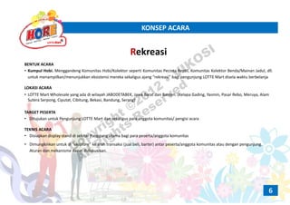 KONSEP ACARAKONSEP ACARA
RekreasiRekreasi
BENTUK ACARA
• Kumpul Hobi. Menggandeng Komunitas Hobi/Kolektor seperti Komunitas Pecinta Reptil, Komunitas Kolektor Benda/Mainan Jadul, dll.
untuk menampilkan/menunjukkan eksistensi mereka sekaligus ajang “rekreasi” bagi pengunjung LOTTE Mart disela waktu berbelanjauntuk menampilkan/menunjukkan eksistensi mereka sekaligus ajang rekreasi bagi pengunjung LOTTE Mart disela waktu berbelanja
LOKASI ACARA
• LOTTE Mart Wholesale yang ada di wilayah JABODETABEK, Jawa Barat dan Banten. (Kelapa Gading, Yasmin, Pasar Rebo, Meruya, Alam
Sutera Serpong, Ciputat, Cibitung, Bekasi, Bandung, Serang)
TARGET PESERTA
• Ditujukan untuk Pengunjung LOTTE Mart dan sekaligus para anggota komunitas/ pengisi acara
TEKNIS ACARA
• Disiapkan display stand di sekitar Panggung utama bagi para peserta/anggota komunitas
• Dimungkinkan untuk di “eksplore” ke arah transaksi (jual beli, barter) antar peserta/anggota komunitas atau dengan pengunjung. 
Aturan dan mekanisme dapat didiskusikan.p
6
Copyright ©2012
• VIKOSI
All Rights
Reserved
 