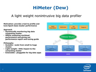 77
HiMeter (Dew)
A light weight nonintrusive big data profiler
Motivation: provide a tool to profile and
tune Spark base cluster performance
Approach
• Dynamically monitoring big data
computing cluster.
• Offline analyzing workload
performance and giving out
performance report and tuning guide
Philosophy
• Scalable : scale from small to huge
cluster.
• Light-weight : little impact to the
computing cluster
• Extensible : pluggable for big data apps
 