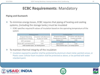 ECBC Requirements: Mandatory
Piping and Ductwork
» To minimize energy losses, ECBC requires that piping of heating and cooling
systems, (including the storage tanks,) must be insulated
• ECBC specifies required R-values of insulation based on the operating temperature of the
system
» To maintain thermal integrity of the insulation
• Insulation exposed to weather shall be protected by aluminum sheet metal, painted canvas, or
Plastic cover. Cellular foam insulation shall be protected as above, or be painted with water
retardant paint.
Heating System
Designed Operating
Temperature of Piping
Insulation with Minimum
R-value (m2
·K/W)
60°C and above 0.74
Above 40°C and below 60°C 0.35
ECBC Insulation Specs. for Heating System
Cooling System
Designed Operating
Temperature of Piping
Insulation with Minimum
R-value (m2·K/W)
Below 15°C 0.35
Refrigerant Suction Piping
Split System 0.35
ECBC Insulation Specs. for Cooling Systems
9/22/2010 34ECBC Training Workshop: Heating Ventilation & Air Conditioning
 