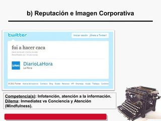 b) Reputación e Imagen Corporativa
Competencia(s): Infotención, atención a la información.
Dilema: Inmediatez vs Conciencia y Atención
(Mindfulness).
 