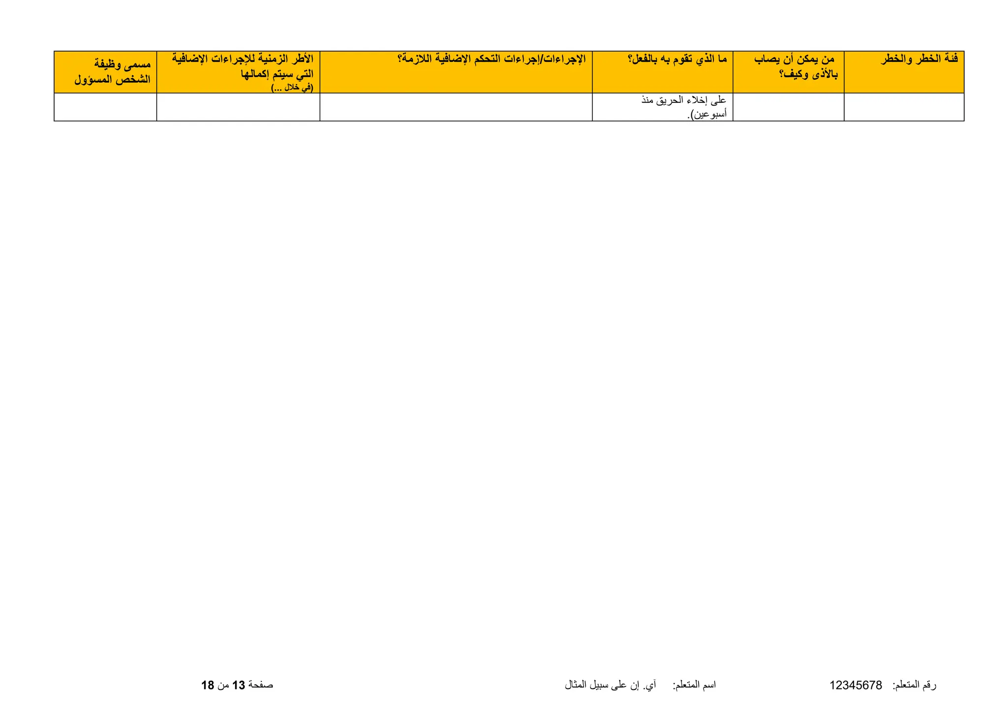:‫المتعلم‬ ‫رقم‬
12345678
‫المثال‬ ‫سبيل‬ ‫على‬ ‫إن‬ .‫آي‬ :‫المتعلم‬ ‫اسم‬
‫صفحة‬
13
‫من‬
18
‫والخطر‬ ‫الخطر‬ ‫فئة‬
‫يصاب‬ ‫أن‬ ‫يمكن‬ ‫من‬
‫وكيف؟‬ ‫باألذى‬
‫بالفعل؟‬ ‫به‬ ‫تقوم‬ ‫الذي‬ ‫ما‬
‫الالزمة؟‬ ‫اإلضافية‬ ‫التحكم‬ ‫إجراءات‬/‫اإلجراءات‬
‫اإلضافية‬ ‫لإلجراءات‬ ‫الزمنية‬ ‫األطر‬
‫إكمالها‬ ‫سيتم‬ ‫التي‬
)... ‫خالل‬ ‫(في‬
‫وظيفة‬ ‫مسمى‬
‫المسؤول‬ ‫الشخص‬
‫منذ‬ ‫الحريق‬ ‫إخلء‬ ‫على‬
.)‫أسبوعين‬
 