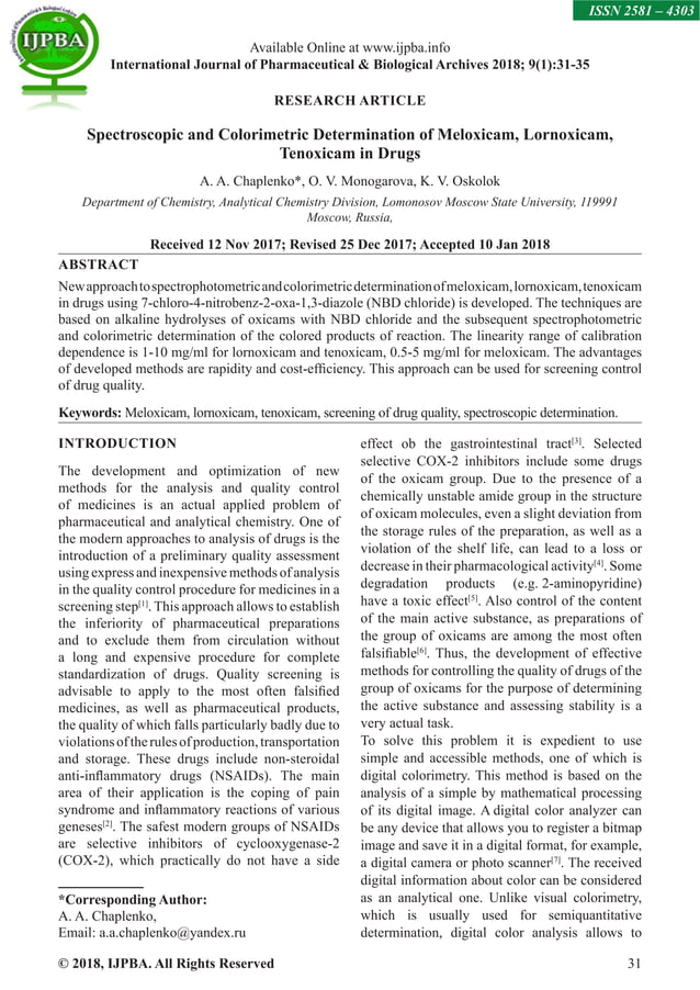 Spectroscopic and Colorimetric Determination of Meloxicam, Lornoxicam
