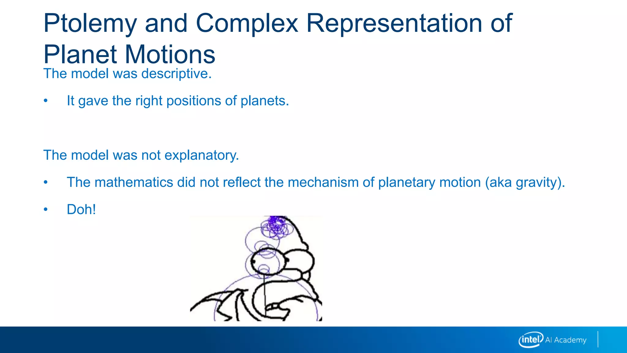 Ptolemy and Complex Representation of
Planet Motions
The model was descriptive.
• It gave the right positions of planets.
The model was not explanatory.
• The mathematics did not reflect the mechanism of planetary motion (aka gravity).
• Doh!
 
