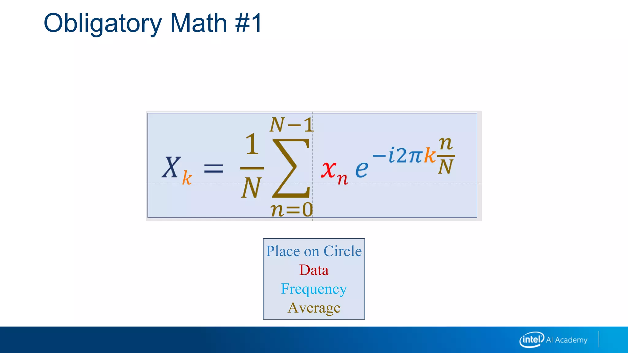 Obligatory Math #1
𝑋𝑘 =
1
𝑁
𝑛=0
𝑁−1
𝑥𝑛 𝑒−𝑖2𝜋𝑘
𝑛
𝑁
Place on Circle
Data
Frequency
Average
 
