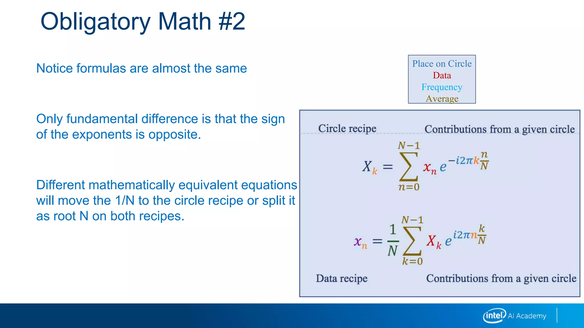 Obligatory Math #2
Notice formulas are almost the same
Only fundamental difference is that the sign
of the exponents is opposite.
Different mathematically equivalent equations
will move the 1/N to the circle recipe or split it
as root N on both recipes.
Circle recipe Contributions from a given circle
𝑋𝑘 =
𝑛=0
𝑁−1
𝑥𝑛 𝑒−𝑖2𝜋𝑘
𝑛
𝑁
Data recipe Contributions from a given circle
𝑥𝑛 =
1
𝑁
𝑘=0
𝑁−1
𝑋𝑘 𝑒 𝑖2𝜋𝑛
𝑘
𝑁
Place on Circle
Data
Frequency
Average
 