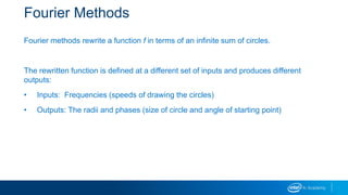 Fourier Methods
Fourier methods rewrite a function f in terms of an infinite sum of circles.
The rewritten function is defined at a different set of inputs and produces different
outputs:
• Inputs: Frequencies (speeds of drawing the circles)
• Outputs: The radii and phases (size of circle and angle of starting point)
 