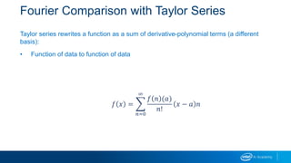 Fourier Comparison with Taylor Series
Taylor series rewrites a function as a sum of derivative-polynomial terms (a different
basis):
• Function of data to function of data
𝑓 𝑥 =
𝑛=0
∞
𝑓 𝑛 (𝑎)
𝑛!
𝑥 − 𝑎 𝑛
 