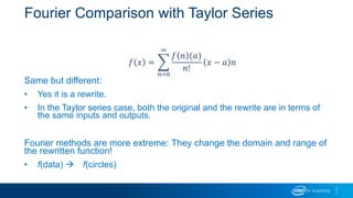 Fourier Comparison with Taylor Series
Same but different:
• Yes it is a rewrite.
• In the Taylor series case, both the original and the rewrite are in terms of
the same inputs and outputs.
Fourier methods are more extreme: They change the domain and range of
the rewritten function!
• f(data)  f(circles)
𝑓 𝑥 =
𝑛=0
∞
𝑓 𝑛 (𝑎)
𝑛!
𝑥 − 𝑎 𝑛
 