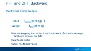 FFT and DFT: Backward
Backward: Circle to data
Input fcircles([0,N-1]]) 
Output fdata([0,N-1])
Here we are going from an input function in terms of circles to an output
function in terms of our data
Input has N circles
Output has N data values
 