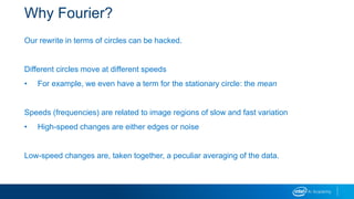 Why Fourier?
Our rewrite in terms of circles can be hacked.
Different circles move at different speeds
• For example, we even have a term for the stationary circle: the mean
Speeds (frequencies) are related to image regions of slow and fast variation
• High-speed changes are either edges or noise
Low-speed changes are, taken together, a peculiar averaging of the data.
 