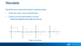 Wavelets
Wavelets are an alternative basis to represent data.
• There are many, many wavelet basis
• Circles can be exponentials or sin/cos
These are closer to one cycle of sin or cos
Haar wavelet basis
 