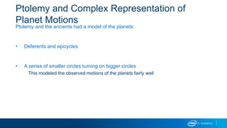 Ptolemy and Complex Representation of
Planet Motions
Ptolemy and the ancients had a model of the planets:
• Deferents and epicycles
• A series of smaller circles turning on bigger circles
This modeled the observed motions of the planets fairly well
 