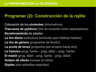 La PROGRAMACIÓN en TELEVISIÓN



Programar (2): Construcción de la rejilla
Colocación de los cimientos (informativos)
Trasvases de públicos (hilo de conexión entre espectadores)
Escalonamiento de edades
La tira diaria (estructura horizontal para fidelizar hábitos)
La tira de género (programas de ficción)
La punta de lanza (programa que arrastra hacia otro)
La hamaca (prog. fuerte – prog. débil – prog. fuerte)
El mástil (prog. débil – prog. fuerte – prog. débil)
Golpes de efecto (romper la rutina)
Dúplex (dos episodios seguidos)
 