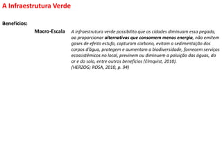 Benefícios:
A Infraestrutura Verde
A infraestrutura verde possibilita que as cidades diminuam essa pegada,
ao proporcionar alternativas que consomem menos energia, não emitem
gases de efeito estufa, capturam carbono, evitam a sedimentação dos
corpos d’água, protegem e aumentam a biodiversidade, fornecem serviços
ecossistêmicos no local, previnem ou diminuem a poluição das águas, do
ar e do solo, entre outros benefícios (Elmqvist, 2010).
(HERZOG; ROSA, 2010, p. 94)
Macro-Escala
 