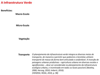 Benefícios:
A Infraestrutura Verde
O planejamento da infraestrutura verde integra os diversos meios de
transporte, de maneira a permitir que pedestres e bicicletas utilizem
transporte de massa de forma bem articulada e confortável. A inserção de
paisagens urbanas produtivas – agricultura urbana em diversas escalas e
agroflorestas -, deve ser considerada no planejamento da infraestrutura
ecológica urbana, e incentivada em todos os locais possíveis (Beatley,
2000; Herzog, 2010; Imberti, 2010).
(HERZOG; ROSA, 2010, p. 98)
Transporte
Macro-Escala
Vegetação
Micro-Escala
 