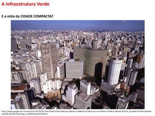 E o mito da CIDADE COMPACTA?
A Infraestrutura Verde
https://www.google.com.br/search?q=VISTA+DE+S%C3%83O+PAULO&espv=2&biw=1366&bih=623&source=lnms&tbm=isch&sa=X&ved=0CAYQ_AUoAWoVChMInpOG5dv-
xwIVQ4-QCh2wTQVv#imgrc=wJWKR2sqbrZOTM%3A
 