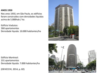 Nos anos 1950, em São Paulo, os edifícios
foram construídos com densidades líquidas
acima de 5.000hab / ha:
Edifício Viadutos:
360 apartamentos
Densidade líquida: 10.000 habitantes/ha
Edifício Montreal:
231 apartamentos
Densidade líquida: 7.000 habitantes/ha
(DEVECCHI, 2014, p. 82)
ANOS 1950
 