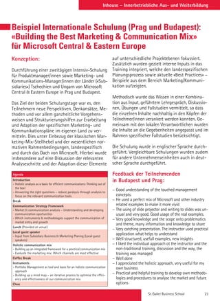 St. Galler Business School 23
Inhouse – Innerbetriebliche Aus- und Weiterbildung
Beispiel Internationale Schulung (Prag und Budapest):
«Building the Best Marketing  Communication Mix»
für Microsoft Central  Eastern Europe
Konzeption:
Durchführung einer zweitägigen Intensiv-Schulung
für Produktmanager/innen sowie Marketing- und
Kommunikations-Manager/innen der Länder («Sub-
sidiaries») Tschechien und Ungarn von Microsoft
Central  Eastern Europe in Prag und Budapest.
Das Ziel der beiden Schulungstage war es, den
Teilnehmern neue Perspektiven, Denkansätze, Me-
thoden und vor allem ganzheitliche Vorgehens-
weisen und Strukturierungshilfen zur Erarbeitung
und Adaption der spezifischen Marketing- und
Kommunikationspläne im eigenen Land zu ver-
mitteln. Dies unter Einbezug der klassischen Mar-
keting-Mix-Stellhebel und der wesentlichen nor-
mativen Rahmenbedingungen, landesspezifisch
und durch das Dach von Microsoft. Hierbei wurde
insbesondere auf eine Diskussion der relevanten
Analyseschritte und der Adaption dieser Elemente
Agenda
Introduction
- Holistic analysis as a basis for efficient communications: Thinking out of
the box!
- Answering the right questions – reduce paralysis through analysis to
focus on the relevant communication tools
Break
Communication Strategy Framework
- Market  communication analysis – Understanding and developing
communication oportunities
- Which instruments  methodologies support the communication of
market entry and growth
Lunch (Provided at venue)
Local guest speaker
- Input from Subsidiary Business  Marketing Planing (Local guest
speakers)
Holistic communication mix
- Building up an integrated framework for a practical communication mix
- Evaluate the marketing mix: Which channels are most effective
Coffee Break
Instruments
- Portfolio Management as tool and basis for an holistic communication
approach
- Building up a mind map – an iterative process to optimise the effici-
ency and effectiveness of our communication mix
Close
auf unterschiedliche Projektebenen fokussiert.
Zusätzlich wurden gezielt interne Inputs in das
Training integriert, welche den landesspezifischen
Planungsprozess sowie aktuelle «Best Practices» –
Beispiele aus dem Bereich Marketing/Kommuni-
kation aufzeigten.
Methodisch wurde das Wissen in einer Kombina-
tion aus Input, geführtem Lehrgespräch, Diskussio-
nen, Übungen und Fallstudien vermittelt, so dass
die einzelnen Inhalte nachhaltig in den Köpfen der
Teilnehmer/innen verankert werden konnten. Ge-
meinsam mit den lokalen Verantwortlichen wurden
die Inhalte an die Gegebenheiten angepasst und im
Rahmen spezifischer Fallstudien berücksichtigt.
Die Schulung wurde in englischer Sprache durch-
geführt. Vergleichbare Schulungen wurden zudem
für andere Unternehmenseinheiten auch in deut-
scher Sprache durchgeführt.
Feedback der Teilnehmenden
in Budapest und Prag:
−− Good understanding of the touched management
concepts.
−− He used a perfect mix of Microsoft and other industry
related examples to make it more vivid
−− The using of slide projector and writing to slides was un-
usual and very good. Good usage of the real examples.
−− Very good knowledge and the scope onto problematics
and theme, many information and knowledge to share
−− Very catching presentation. The instructor used practical
application what helps to understand
−− Well structured, usefull examples, new insights
−− I liked the individual approach ot the instructor and the
non-traditional training, discussion and the way, the
training was managed
−− Well done
−− I appreciated the holistic approach, very useful for my
own business
−− Practical and helpful training to develop own methodo-
logies and procedures to analyse the market and future
options
 