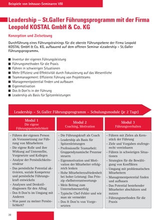 28
Beispiele von Inhouse-Seminaren VIII
– Führen der eigenen Person
als Voraussetzung zur Füh-
rung von Mitarbeitern
– Die eigene Rolle und ihre
Wirkung auf Unterstellte,
Vorgesetzte und Kollegen
– Analyse der Persönlichkeits-
struktur
– Das persönliche Potential ak-
tivieren, soziale Kompetenz
und persönliche Führungs-
kraft entwickeln
– Analysen und Denkstil-
diagnosen für den Alltag
– Dos  Don’ts im Umgang mit
Anderen
– Was passt zu meiner Persön-
lichkeit?
– Die Führungskraft als Coach
– Leadership als Basis für
Spitzenleistungen
– Professionelle Teamarbeit:
Gruppendynamische Prozesse
steuern
– Eigenmotivation und Moti-
vation der Mitarbeiter erfolg-
reich lenken
– Hohe Mitarbeiterzufriedenheit
bei hoher Leistung: Das Prin-
zip «Selbstverantwortung»
– Mein Beitrag zum
Unternehmenserfolg
– Typische Chef-Fehler und wie
man sie vermeidet
– Dos  Don’ts von Vorge-
setzten
– Führen mit Zielen als Kern-
stück der Führung
– Ziele und Vorgaben stufenge-
recht vereinbaren
– Führen in schwierigen Situa-
tionen
– Strategien für die Bewälti-
gung von Konflikten
– Umgang mit problematischen
Mitarbeitern
– Managementpotential finden
und aufbauen
– Das Potential bestehender
Mitarbeiter abschätzen und
nutzen
– Führungsmethoden für die
Praxis
Modul 1
Die eigene
Führungspersönlichkeit
Modul 2
Coaching, Motivation
Modul 3
Führungsverhalten
Leadership – St.Galler Führungsprogramm – Schulungsmodule (je 2 Tage)
Leadership – St.Galler Führungsprogramm mit der Firma
Leopold KOSTAL GmbH  Co. KG
Konzeption und Zielsetzung
Durchführung eines Führungstrainings für die oberste Führungsebene der Firma Leopold
KOSTAL GmbH  Co. KG, aufbauend auf dem offenen Seminar «Leadership - St.Galler
Führungsprogramm».
  Inventur der eigenen Führungsleistung
  Führungsmethoden für die Praxis
  Führen in schwierigen Situationen
  Mehr Effizienz und Effektivität durch Fokussierung auf das Wesentliche
  Teammanagement: Effiziente Führung von Projektteams
  Managementpotential finden und aufbauen
 Eigenmotivation
  Dos  Don’ts in der Führung
  Leadership als Basis für Spitzenleistungen
 