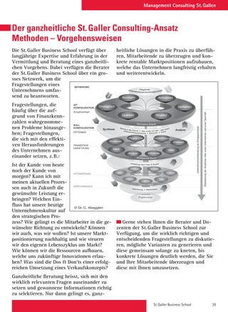 St. Galler Business School 39
Management Consulting St. Gallen
Der ganzheitliche St. Galler Consulting-Ansatz
Methoden – Vorgehensweisen
Die St. Galler Business School verfügt über
langjährige Expertise und Erfahrung in der
Vermittlung und Beratung eines ganzheitli-
chen Vorgehens. Dabei verfügen die Berater
der St. Galler Business School über ein gro-
sses Netzwerk, um die
Fragestellungen eines
Unternehmens umfas-
send zu beantworten.
Fragestellungen, die
häufig über die auf-
grund von Finanzkenn-
zahlen wahrgenomme-
nen Probleme hinausge-
hen; Fragestellungen,
die sich mit den effekti-
ven Herausforderungen
des Unternehmen aus-
einander setzen, z.B.:
Ist der Kunde von heute
noch der Kunde von
morgen? Kann ich mit
meinen aktuellen Prozes-
sen auch in Zukunft die
gewünschte Leistung er-
bringen? Welchen Ein-
fluss hat unsere heutige
Unternehmenskultur auf
den strategischen Pro-
zess? Wie gelingt es die Mitarbeiter in die ge-
wünschte Richtung zu entwickeln? Können
wir auch, was wir wollen? Ist unsere Markt-
positionierung nachhaltig und wie steuern
wir den eigenen Lebenszyklus am Markt?
Wie können wir die Ressourcen aufbauen,
welche uns zukünftige Innovationen erlau-
ben? Was sind die Dos  Don‘ts einer erfolg-
reichen Umsetzung eines Verkaufskonzepts?
Ganzheitliche Beratung heisst, sich mit den
wirklich relevanten Fragen auseinander zu
setzen und gewonnene Informationen richtig
zu selektieren. Nur dann gelingt es, ganz-
heitliche Lösungen in die Praxis zu überfüh-
ren, Mitarbeitende zu überzeugen und kon-
krete rentable Marktpositionen aufzubauen,
welche das Unternehmen langfristig erhalten
und weiterentwickeln.
Gerne stehen Ihnen die Berater und Do-
zenten der St. Galler Business School zur
Verfügung, um die wirklich richtigen und
entscheidenden Fragestellungen zu diskutie-
ren, mögliche Varianten zu generieren und
diese gemeinsam solange zu kneten, bis
konkrete Lösungen deutlich werden, die Sie
und Ihre Mitarbeitende überzeugen und
diese mit Ihnen umzusetzen.
IST
KONFIGURATION
INITIIERUNG
TRANSITION
StabilisierungderAnnahmenüberunserUnternehmenundunserGeschäft
UnternehmensentwicklungalsErfolgspotenzial
UMSETZUNG
OPTIONEN
Ausgangslage
OPTIMIERUNG
SOLL
KONFIGURATION
PERFORMANCE
Umfeld
EIGNER
Strategisch Verhalten
Struktur
Normativ
Operativ
Aktivitäten
Strukturen Finanzen
HRM
Programme
Produkt
Problemlösung
Markt Finanzen
HRM
Prozesse
Produkt
AUfträge
WS-Kette
Markt
Leistung
Sprung in die Zukunft • Was wollen wir sein – was nicht?
Unternehmensphilosophie • Missionen • Vision
Umsetzung nach Innen  Aussen
Optimierung • Performance
IntegrierterUnternehmensentwicklungsprozess
Ergebnisse
Operative Ebene
Strategische Ebene
Normative Ebene
Synthese Analyse
St.Galler Unternehmensentwicklungs-Prozess
© Dr. C. Abegglen
 