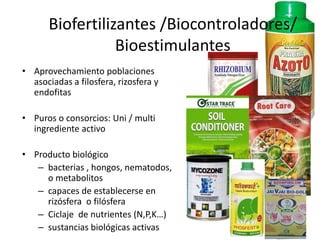 Biofertilizantes /Biocontroladores/
Bioestimulantes
• Aprovechamiento poblaciones
asociadas a filosfera, rizosfera y
endofitas
• Puros o consorcios: Uni / multi
ingrediente activo
• Producto biológico
– bacterias , hongos, nematodos,
o metabolitos
– capaces de establecerse en
rizósfera o filósfera
– Ciclaje de nutrientes (N,P,K…)
– sustancias biológicas activas
 