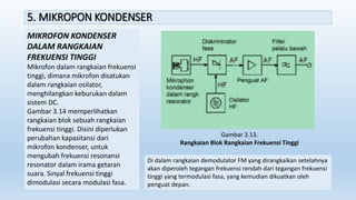 5. MIKROPON KONDENSER
MIKROFON KONDENSER
DALAM RANGKAIAN
FREKUENSI TINGGI
Mikrofon dalam rangkaian frekuensi
tinggi, dimana mikrofon disatukan
dalam rangkaian osilator,
menghilangkan keburukan dalam
sistem DC.
Gambar 3.14 memperlihatkan
rangkaian blok sebuah rangkaian
frekuensi tinggi. Disini diperlukan
perubahan kapasitansi dari
mikrofon kondenser, untuk
mengubah frekuensi resonansi
resonator dalam irama getaran
suara. Sinyal frekuensi tinggi
dimodulasi secara modulasi fasa.
Di dalam rangkaian demodulator FM yang dirangkaikan setelahnya
akan diperoleh tegangan frekuensi rendah dari tegangan frekuensi
tinggi yang termodulasi fasa, yang kemudian dikuatkan oleh
penguat depan.
Gambar 3.13.
Rangkaian Blok Rangkaian Frekuensi Tinggi
 