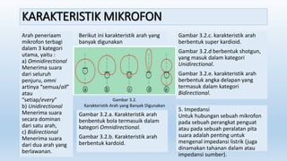 KARAKTERISTIK MIKROFON
Arah peneriaam
mikrofon terbagi
dalam 3 kategori
utama, yaitu :
a) Omnidirectional
Menerima suara
dari seluruh
penjuru, omni
artinya “semua/all”
atau
“setiap/every”
b) Unidirectional
Menerima suara
secara dominan
dari satu arah,
c) Bidirectional
Menerima suara
dari dua arah yang
berlawanan.
Berikut ini karakteristik arah yang
banyak digunakan
Gambar 3.2.a. Karakteristik arah
benbentuk bola termasuik dalam
kategori Omnidirectional.
Gambar 3.2.b. Karakteristik arah
berbentuk kardoid.
Gambar 3.2.c. karakteristik arah
berbentuk super kardioid.
Gambar 3.2.d berbentuk shotgun,
yang masuk dalam kategori
Unidirectional.
Gambar 3.2.e. karakteristik arah
berbentuk angka delapan yang
termasuk dalam kategori
Bidirectional.
5. Impedansi
Untuk hubungan sebuah mikrofon
pada sebuah perangkat penguat
atau pada sebuah peralatan pita
suara adalah penting untuk
mengenal impedansi listrik (juga
dinamakan tahanan dalam atau
impedansi sumber).
Gambar 3.2.
Karakteristik Arah yang Banyak Digunakan
 