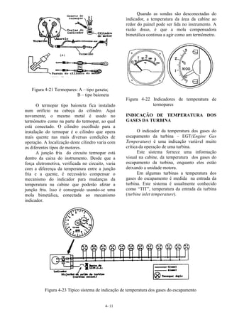 4- 11
Figura 4-21 Termopares: A – tipo gaxeta;
B – tipo baioneta
O termopar tipo baioneta fica instalado
num orifício na cabeça do cilindro. Aqui
novamente, o mesmo metal é usado no
termômetro como na parte do termopar, ao qual
está conectado. O cilindro escolhido para a
instalação do termopar é o cilindro que opera
mais quente nas mais diversas condições de
operação. A localização deste cilindro varia com
os diferentes tipos de motores.
A junção fria do circuito termopar está
dentro da caixa do instrumento. Desde que a
força eletromotiva, verificada no circuito, varia
com a diferença da temperatura entre a junção
fria e a quente, é necessário compensar o
mecanismo do indicador para mudanças da
temperatura na cabine que poderão afetar a
junção fria. Isso é conseguido usando-se uma
mola bimetálica, conectada ao mecanismo
indicador.
Quando as sondas são desconectadas do
indicador, a temperatura da área da cabine ao
redor do painel pode ser lida no instrumento. A
razão disso, é que a mola compensadora
bimetálica continua a agir como um termômetro.
Figura 4-22 Indicadores de temperatura de
termopares
INDICAÇÃO DE TEMPERATURA DOS
GASES DA TURBINA
O indicador da temperatura dos gases do
escapamento da turbina – EGT(Engine Gas
Temperature) é uma indicação variável muito
crítica da operação de uma turbina.
Este sistema fornece uma informação
visual na cabine, da temperatura dos gases do
escapamento da turbina, enquanto eles estão
deixando a unidade motora.
Em algumas turbinas a temperatura dos
gases do escapamento é medida na entrada da
turbina. Este sistema é usualmente conhecido
como “TIT”, temperatura da entrada da turbina
(turbine inlet temperature).
Figura 4-23 Típico sistema de indicação de temperatura dos gases do escapamento
 