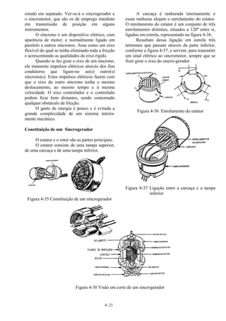 4- 23
estudo em separado. Ver-se-á o sincrogerador e
o sincromotor, que são os de emprego imediato
em transmissão de posição em alguns
instrumentos.
O síncrono é um dispositivo elétrico, com
aparência de motor; e normalmente ligado em
paralelo a outros síncronos. Atua como um eixo
flexível do qual se tenha eliminado toda a fricção
e acrescentando as qualidades do eixo rígido.
Quando se faz girar o eixo de um síncrono,
ele transmite impulsos elétricos através dos fios
condutores que ligam-no ao(s) outro(s)
síncrono(s). Estes impulsos elétricos fazem com
que o eixo do outro síncrono tenha o mesmo
deslocamento, ao mesmo tempo e à mesma
velocidade. O eixo controlador e o controlado
podem ficar bem distantes, sendo contornado
qualquer obstáculo de fricção.
O gasto de energia é pouco e é evitada a
grande complexidade de um sistema inteira-
mente mecânico.
Constituição de um Sincrogerador
O estator e o rotor são as partes principais.
O estator consiste de uma tampa superior,
de uma carcaça e de uma tampa inferior.
Figura 4-35 Constituição de um sincrogerador
A carcaça é ranhurada internamente e
essas ranhuras alojam o enrolamento do estator.
O enrolamento do estator é um conjunto de três
enrolamentos distintos, situados a 120º entre si,
ligados em estrela, representado na figura 4-36.
Resultam dessa ligação em estrela três
terminais que passam através da parte inferior,
conforme a figura 4-37, e servem para transmitir
um sinal elétrico ao sincromotor, sempre que se
fizer girar o eixo do sincro-gerador.
Figura 4-36 Enrolamento do estator
Figura 4-37 Ligação entre a carcaça e a tampa
inferior
Figura 4-38 Visão em corte de um sincrogerador
 