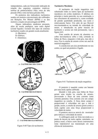 4- 31
independentes, cada um fornecendo indicação de
rotação dos seguintes conjuntos rotativos:
turbina de potência/hélice (Np), rotor de alta
pressão (Nh) e rotor de baixa pressão (NI).
Os ponteiros dos indicadores tacômetros
usados em motores convencionais são calibrados
em Rotações Por Minuto (RPM) e os dos
motores a reação em porcentagem de RPM.
Alguns indicadores modernos possuem,
além da escala analógica, uma outra digital
(cristal líquido). Existem três tipos de sistemas
tacômetros usados em grande escala atualmente:
A -Mecânico;
B -Elétrico;
C -Eletrônico.
A - TACÔMETRO MECÂNICO
B - TACÔMETRO ELÉTRICO
C - TACÔMETRO ELETRÔNICO
Figura 4-60 Tipos de tacômetros
Tacômetro Mecânico
O tacômetro de tração magnética tem
substituído todos os outros tipos de tacômetros
mecânicos em aviões modernos. É idêntico em
princípio e muito parecido, na sua construção, a
um velocímetro de automóvel e, como resultado
de grande quantidade produzida, seu custo é
relativamente baixo. Um cabo de aço flexível
movimentando-se na metade da velocidade do
motor, é introduzido na parte traseira do
tacômetro e aciona um ímã permanente, veja a
figura 4-61.
Uma concha de arrasto de alumínio ou
cobre movimenta-se sobre o ímã, cortando as
linhas de fluxo, enquanto o ímã gira, mas não o
toca. Fixo à concha de arrasto existe um anel de
material magnético.
A concha tem um eixo protuberante no seu
centro, ao qual um ponteiro é ligado.
Figura 4-61 Tacômetro de tração magnética
O ponteiro é mantido contra um batente
por uma mola capilar calibrada.
Quando o ímã, gira, suas linhas de fluxo
geram uma tensão na concha de arrasto,
provocando o fluxo de uma corrente (uma
corrente parasita). Esta corrente cria um campo
magnético na concha. A força deste campo é
proporcional à velociddae em que o ímã é
girado, assim, a concha de arrasto girará contra a
mola capilar com uma força proporcional à
velocidade do motor.
O ponteiro move-se através do mostrador
para indicar a velocidade do motor.
A calibragem pode ser feita movendo-se a
ponta da âncora da mola capilar, entretanto, na
prática usual, o baixo custo desses instrumentos
toma impraticável sua manutenção em uma
oficina de instrumentos.
 