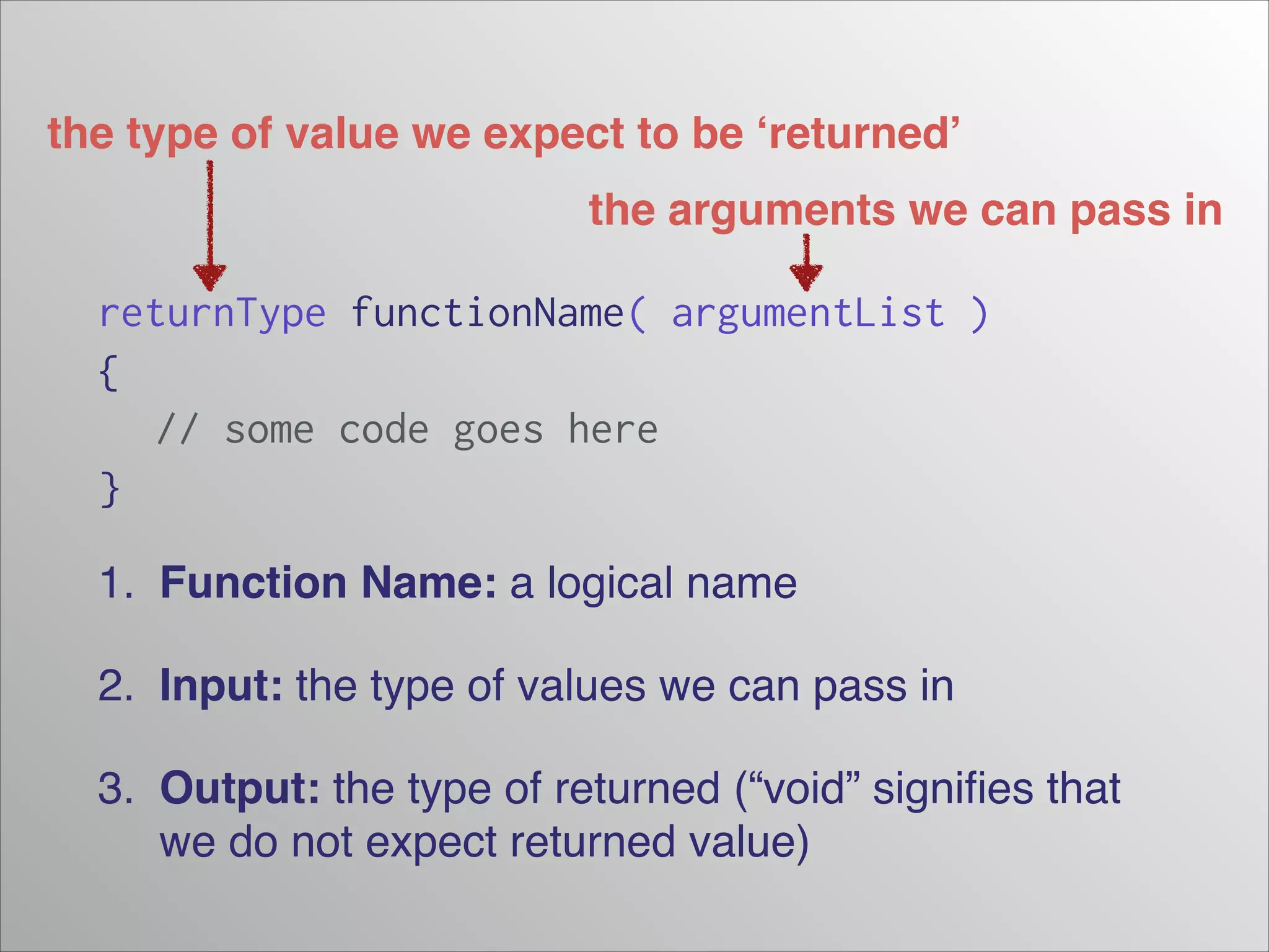the type of value we expect to be ‘returned’
the arguments we can pass in

returnType functionName( argumentList )
{
// some code goes here
}
1. Function Name: a logical name!
2. Input: the type of values we can pass in!
3. Output: the type of returned (“void” signiﬁes that
we do not expect returned value)

 