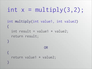 int x = multiply(3,2);
int multiply(int value1, int value2)
{
int result = value1 * value2;
return result;
}
OR
{
return value1 * value2;
}

 