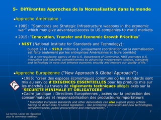 5- Différentes Approches de la Normalisation dans le monde 
La norme, Levier de régulation 
pour le commerce extérieur. 
7 
Approche Américaine : 
• 1985: “Standards are Strategic Infrastructure weapons in the economic 
war” which may give advantage/access to US companies to world markets 
• 2015: “Innovation, Transfer and Economic Growth Priorities” 
• NIST (National Institute for Standards and Technology): 
budget 2014 = 928,3 millions $ (uniquement coordination car la normalisation 
est faite seulement par les entreprises Américaines et leurs comités) 
“ As a non-regulatory agency of the U.S. Department of Commerce, NIST promotes U.S. 
innovation and industrial competitiveness by advancing measurement science, standards 
and technology in ways that enhance economic security and improve our quality of life.” 
Approche Européenne (“New Approach & Global Approach”): 
•1985: “créer des espaces économiques communs où les standards sont 
mis au service d’EXIGENCES ESSENTIELLES pour les produits mis sur 
les marchés au travers de réglements techniques allégés axés sur la 
“SECURITE MINIMALE ET OBLIGATOIRE” 
•Cadre juridique : Directives Européennes , axées sur la protection des 
consommateurs et responsabilisation des producteurs/importateurs 
“ Mandated European standards and other deliverables can also support policy actions 
having no direct links to Union legislation – like promoting innovation and new technologies, 
competitiveness, public procurement and interoperability. “ 
 