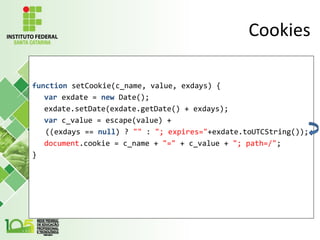 Cookies
function setCookie(c_name, value, exdays) {
var exdate = new Date();
exdate.setDate(exdate.getDate() + exdays);
var c_value = escape(value) +
((exdays == null) ? "" : "; expires="+exdate.toUTCString());
document.cookie = c_name + "=" + c_value + "; path=/";
}
 