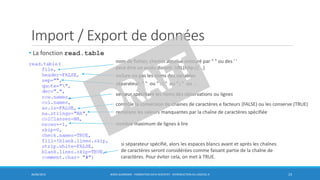Import / Export de données
• La fonction read.table
30/06/2016 BORIS GUARISMA - FORMATION DATA SCIENTIST - INTRODUCTION AU LOGICIEL R 23
nom de fichier, chemin absolue entouré par " " ou des ' '
peut être un accès distant: URL(http://...)
inclure ou pas les noms des variables
séparateur: " " ou "t" ou ";" ou …
contrôle la conversion de chaines de caractères e facteurs (FALSE) ou les conserve (TRUE)
remplace les valeurs manquantes par la chaîne de caractères spécifiée
vecteur spécifiant les noms des observations ou lignes
nombre maximum de lignes à lire
si séparateur spécifié, alors les espaces blancs avant et après les chaînes
de caractères seront considérées comme faisant partie de la chaîne de
caractères. Pour éviter cela, on met à TRUE.
 